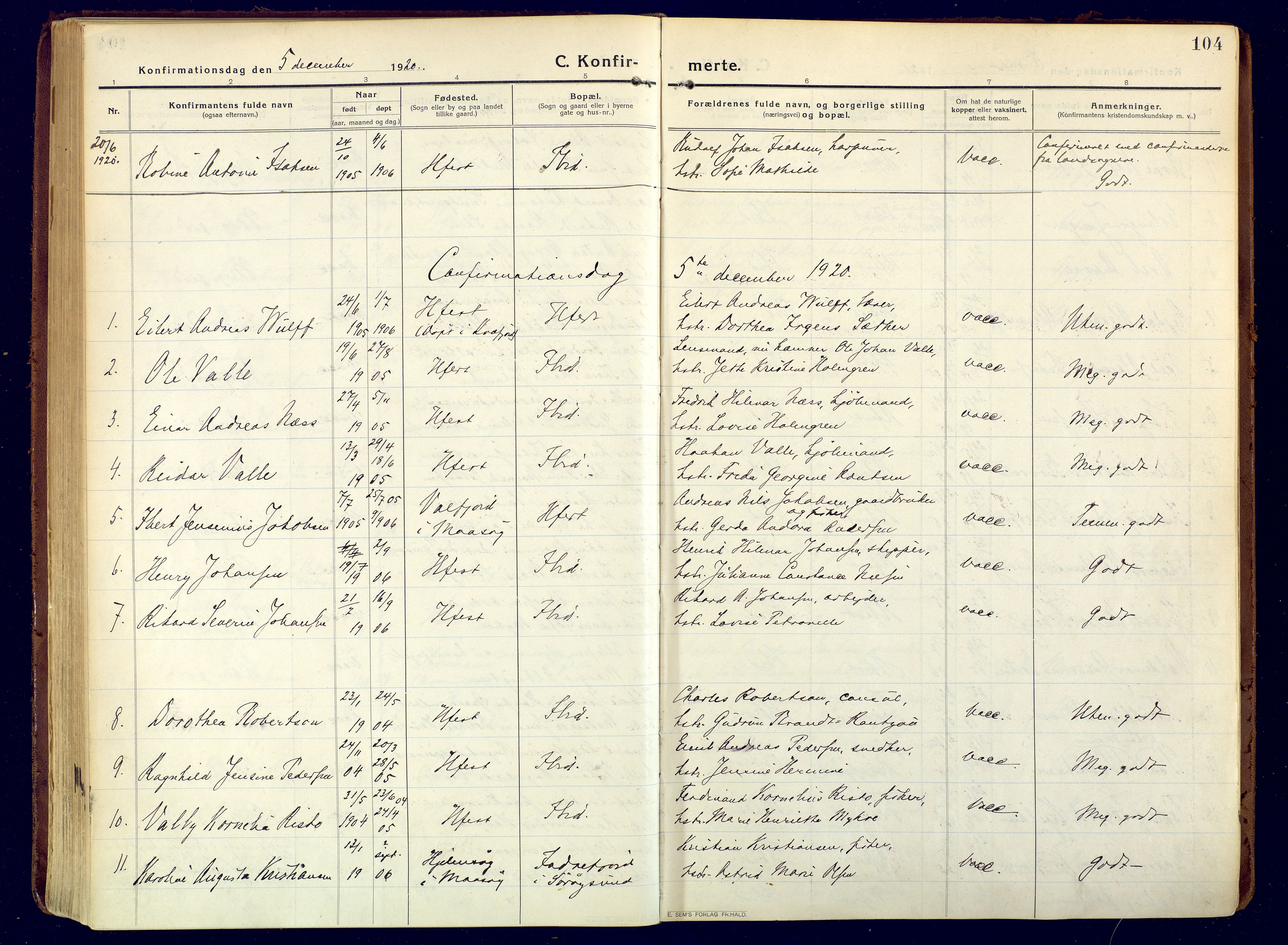 Hammerfest sokneprestkontor, AV/SATØ-S-1347/H/Ha/L0015.kirke: Parish register (official) no. 15, 1916-1923, p. 104