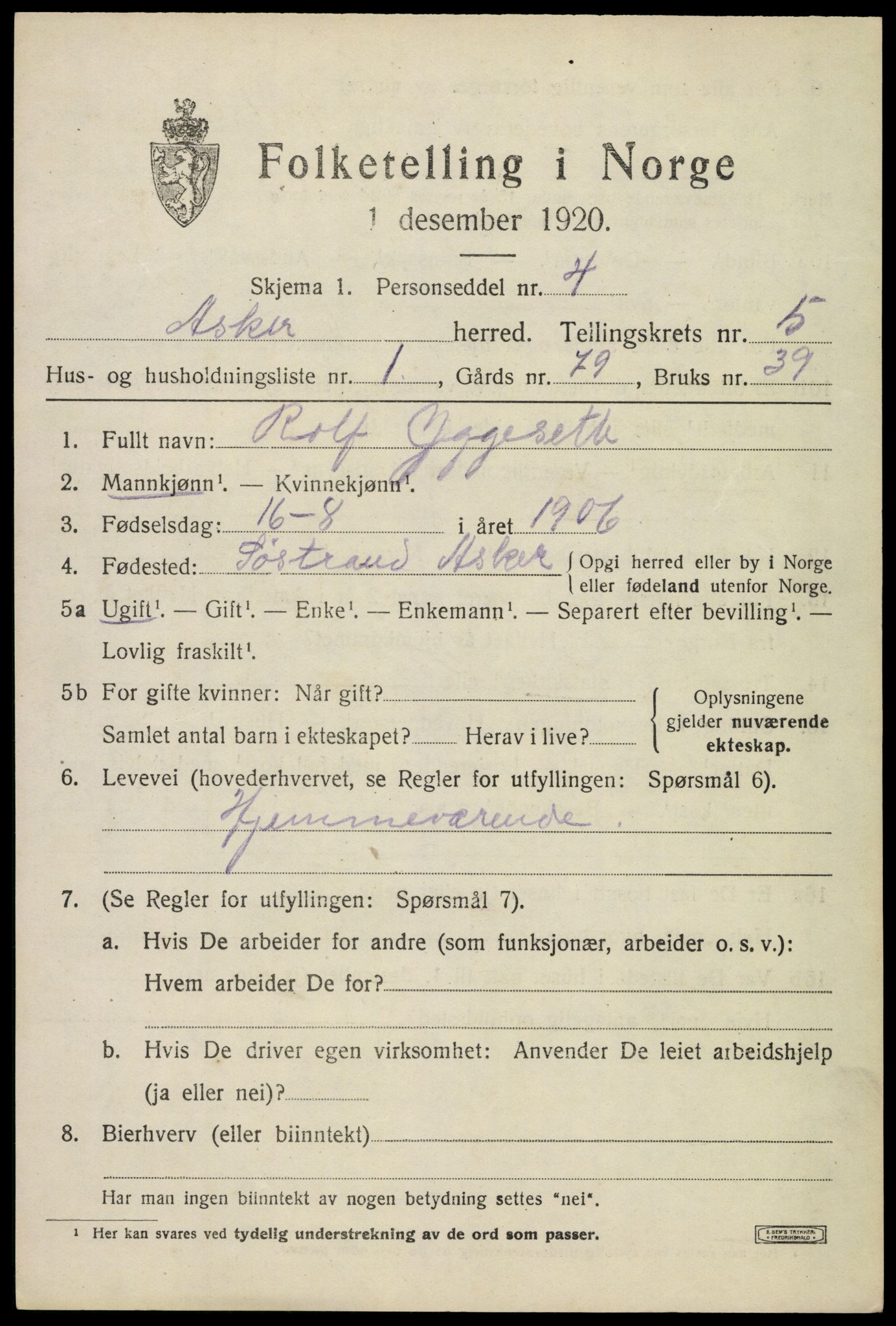 SAO, 1920 census for Asker, 1920, p. 12246