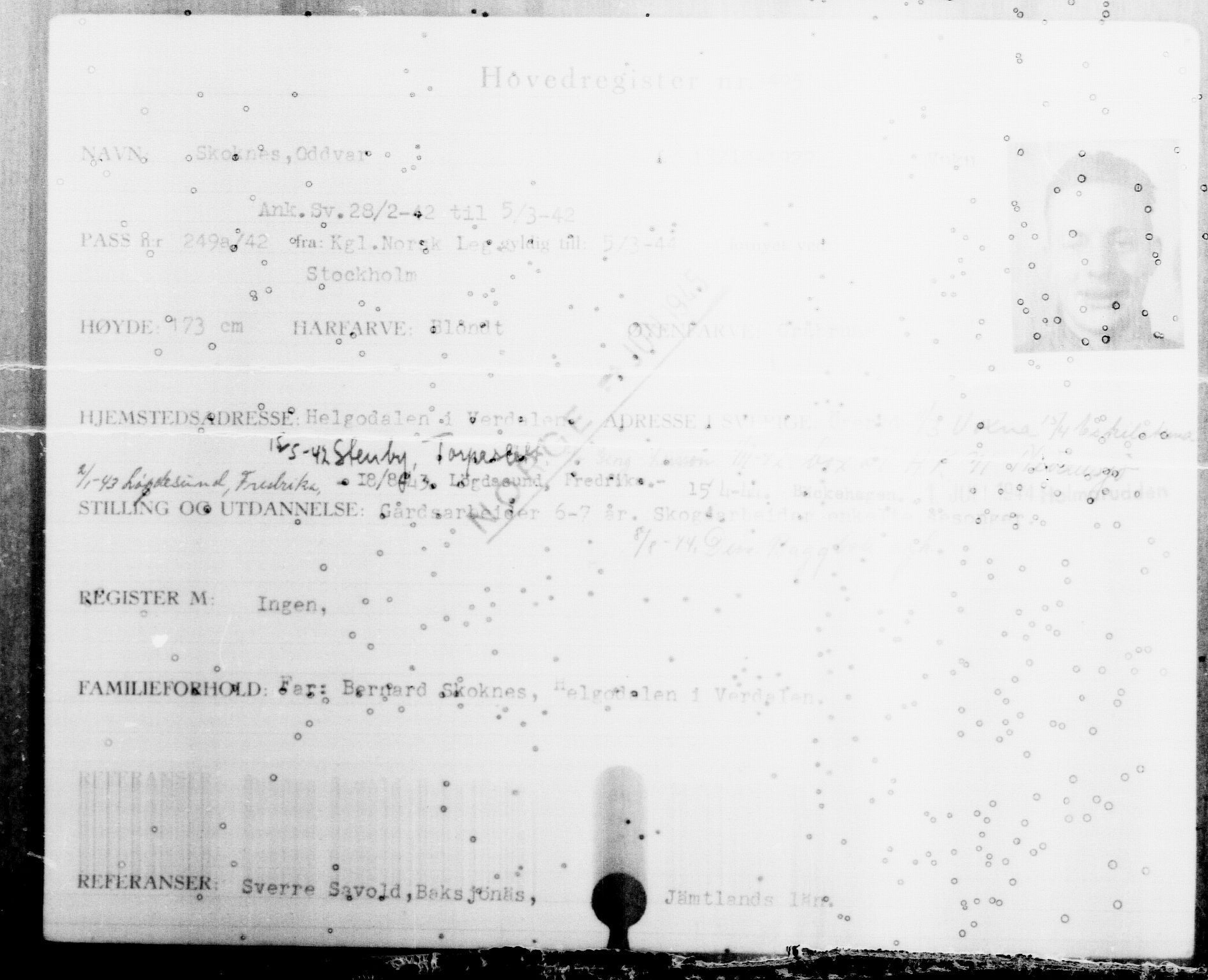 Utenriksstasjonene, Legasjonen i Stockholm, Flyktningkontoret, AV/RA-S-6753/V/Va/L0004: Kjesäterkartoteket, flyktninger med registreringsnr. 3496-6610, 1940-1945, p. 6