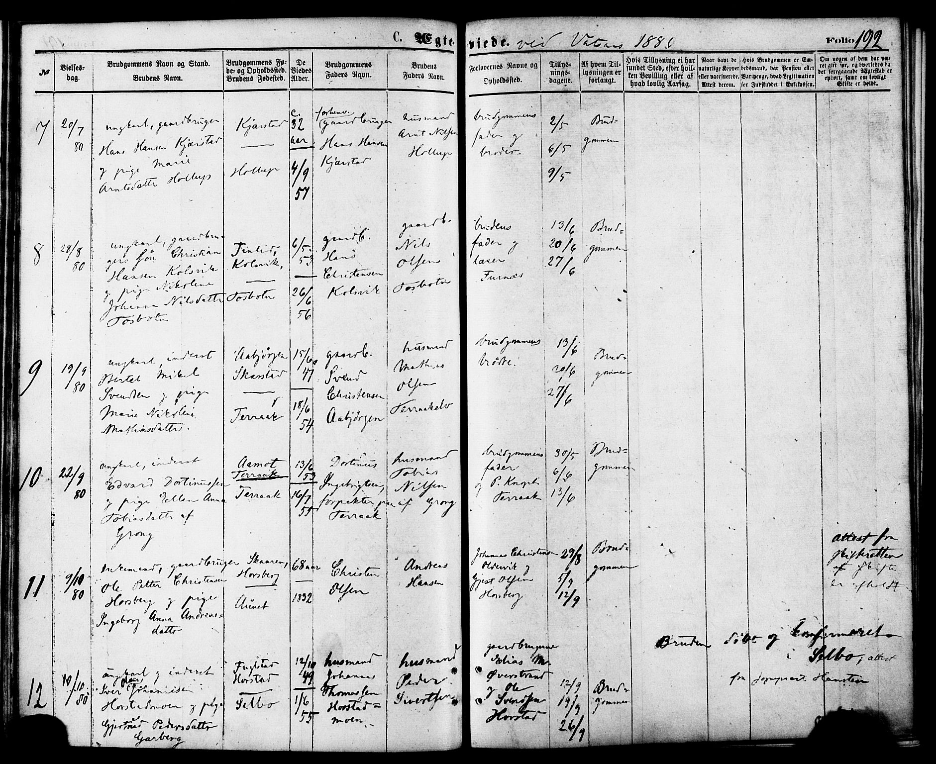 Ministerialprotokoller, klokkerbøker og fødselsregistre - Nordland, AV/SAT-A-1459/810/L0148: Parish register (official) no. 810A09 /1, 1874-1884, p. 192