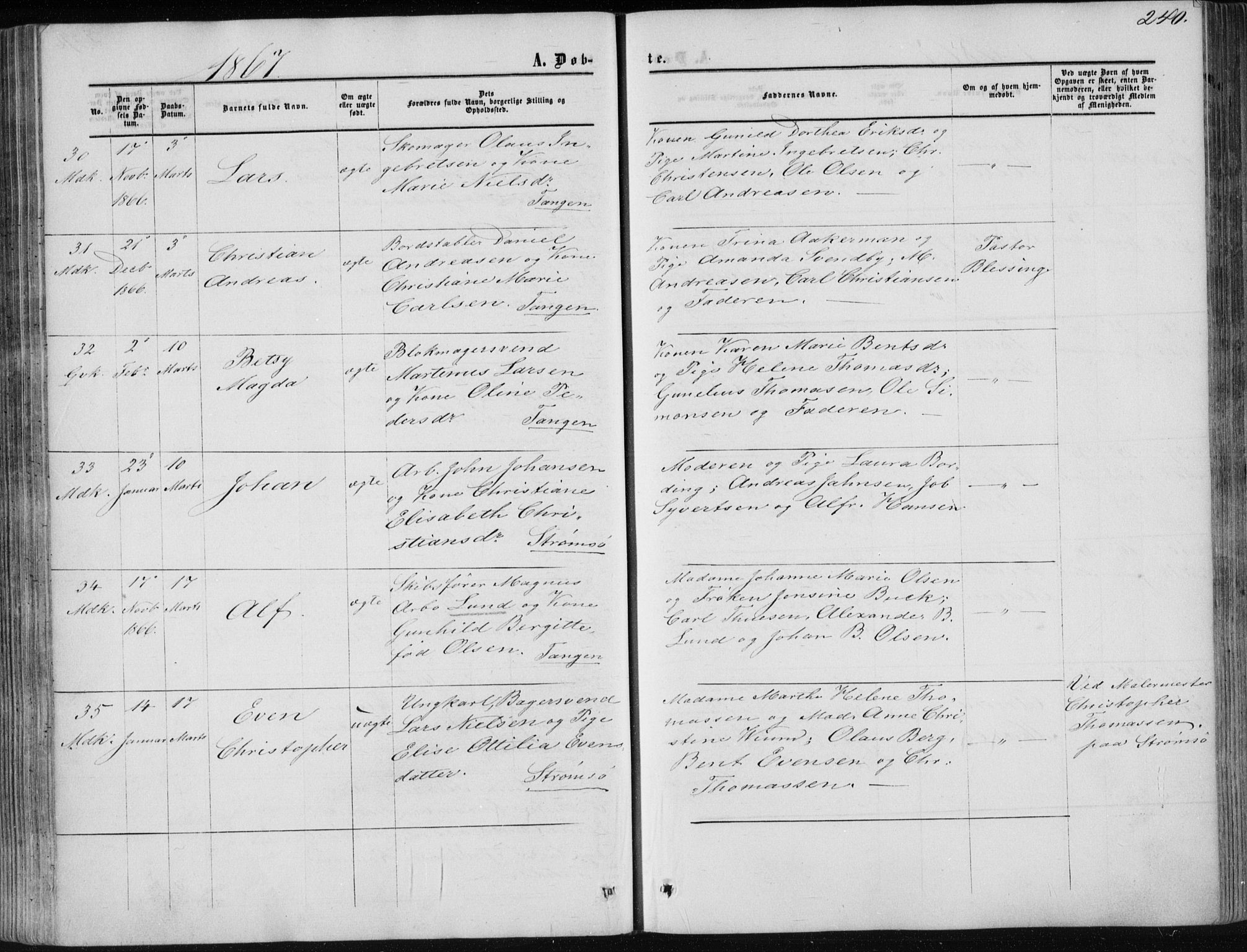 Strømsø kirkebøker, AV/SAKO-A-246/F/Fa/L0015: Parish register (official) no. I 15, 1859-1868, p. 240