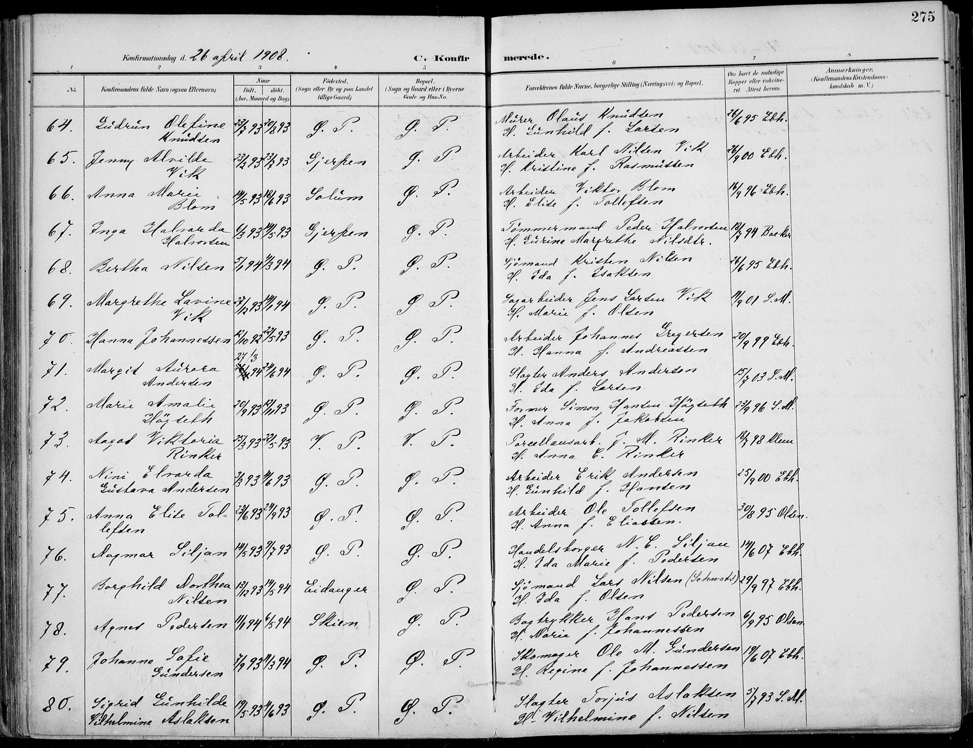 Porsgrunn kirkebøker , AV/SAKO-A-104/F/Fa/L0011: Parish register (official) no. 11, 1895-1919, p. 275