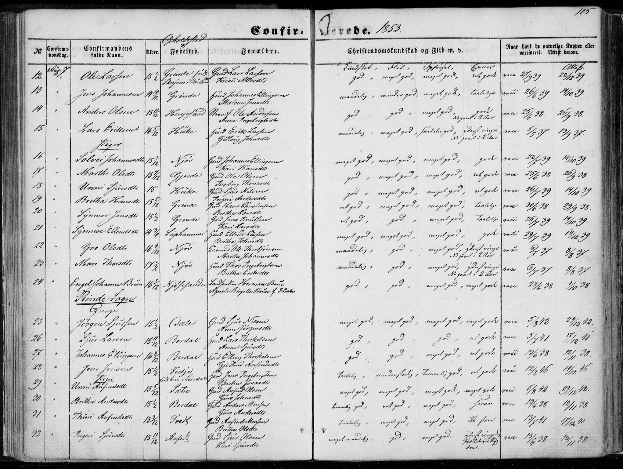 Leikanger sokneprestembete, AV/SAB-A-81001/H/Haa/Haaa/L0008: Parish register (official) no. A 8, 1852-1868, p. 105