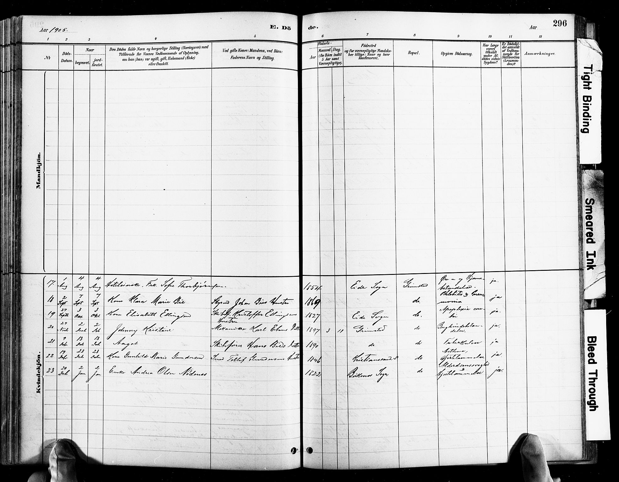 Grimstad sokneprestkontor, AV/SAK-1111-0017/F/Fb/L0001: Parish register (copy) no. B 1, 1881-1922, p. 296