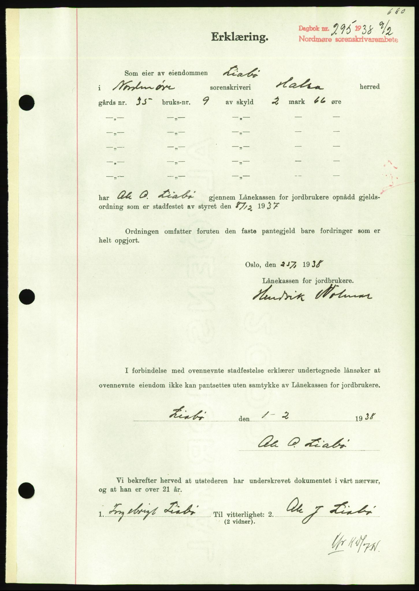 Nordmøre sorenskriveri, AV/SAT-A-4132/1/2/2Ca/L0092: Mortgage book no. B82, 1937-1938, Diary no: : 295/1938