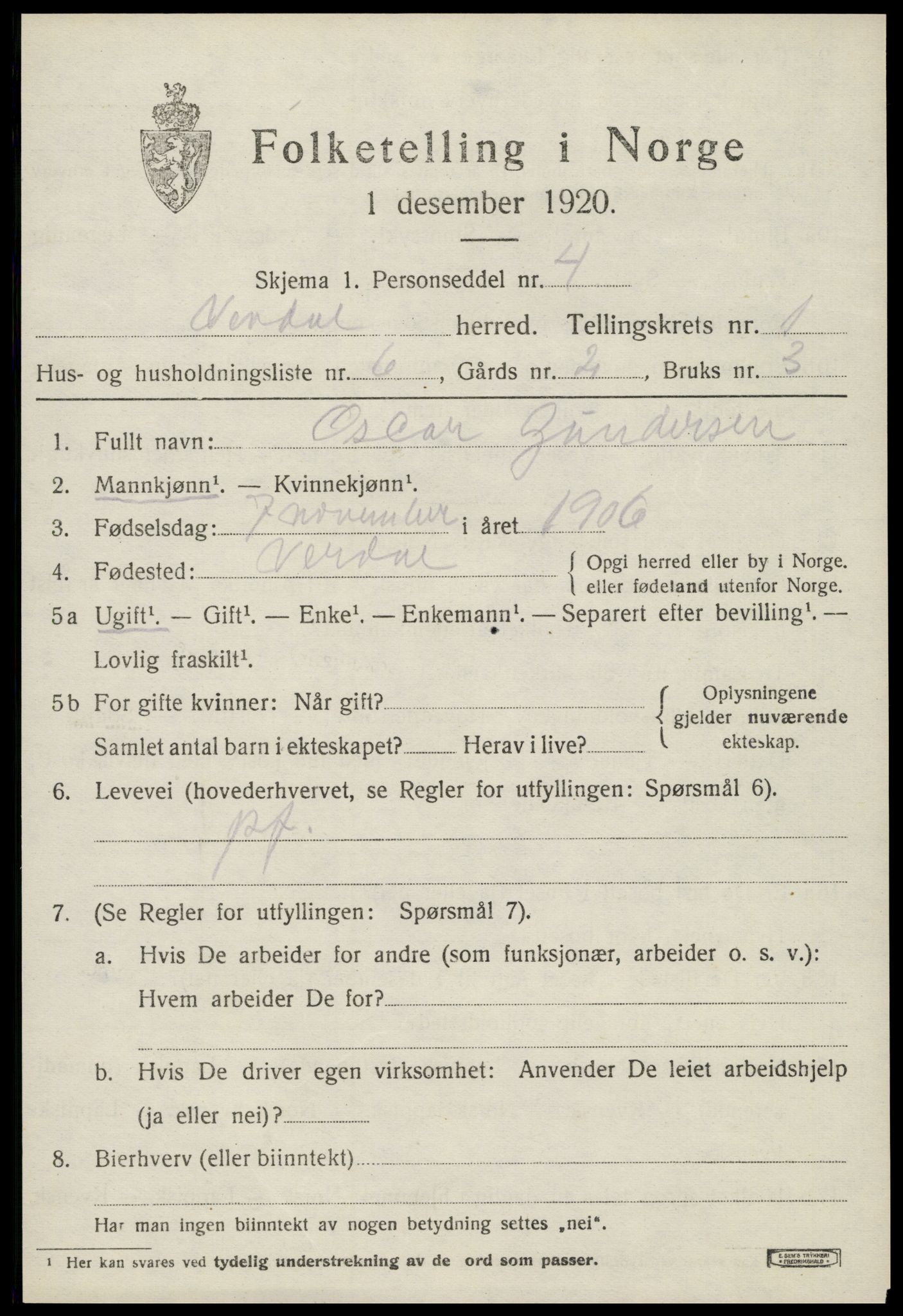 SAT, 1920 census for Verdal, 1920, p. 2379