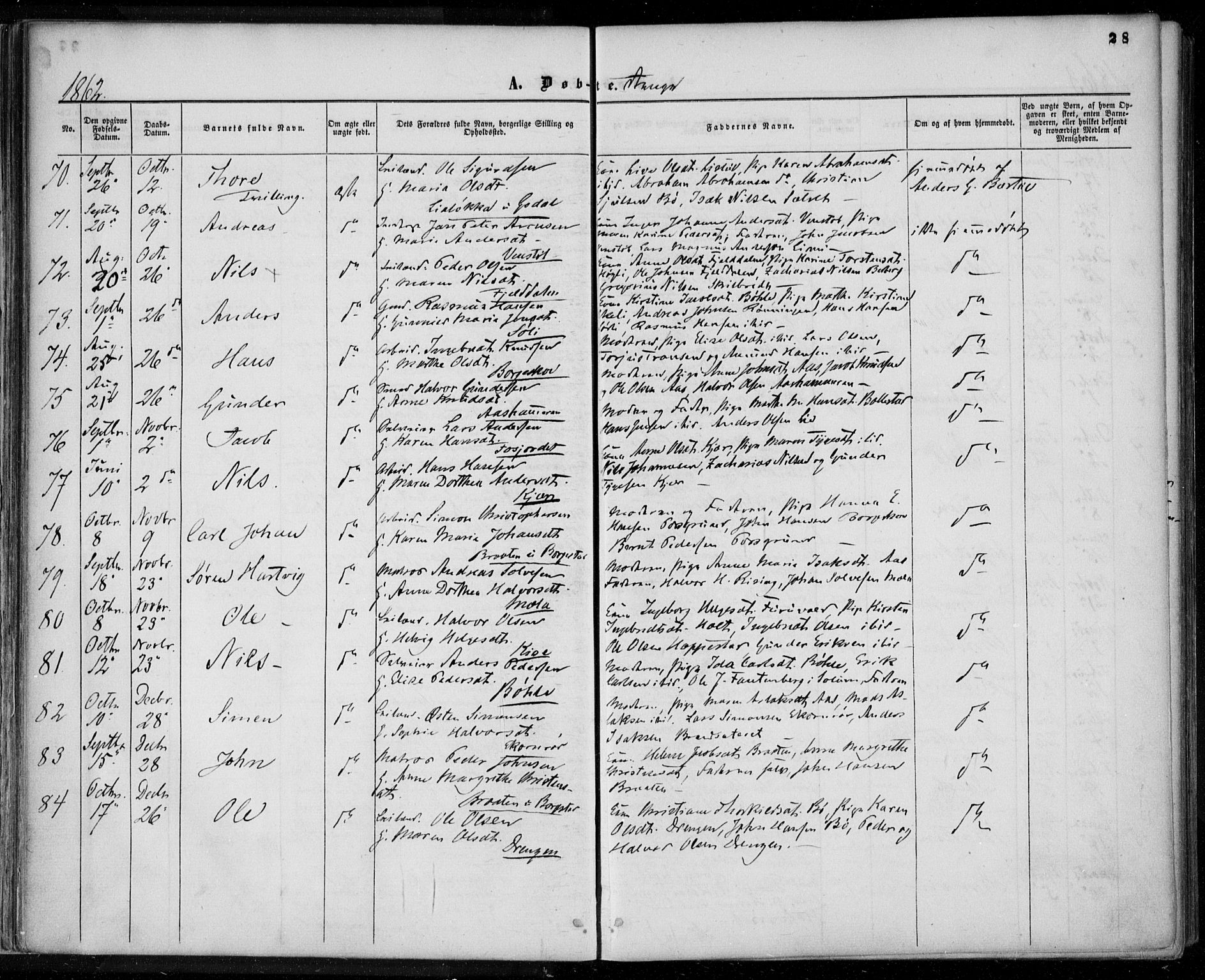 Gjerpen kirkebøker, SAKO/A-265/F/Fa/L0008a: Parish register (official) no. I 8A, 1857-1871, p. 28