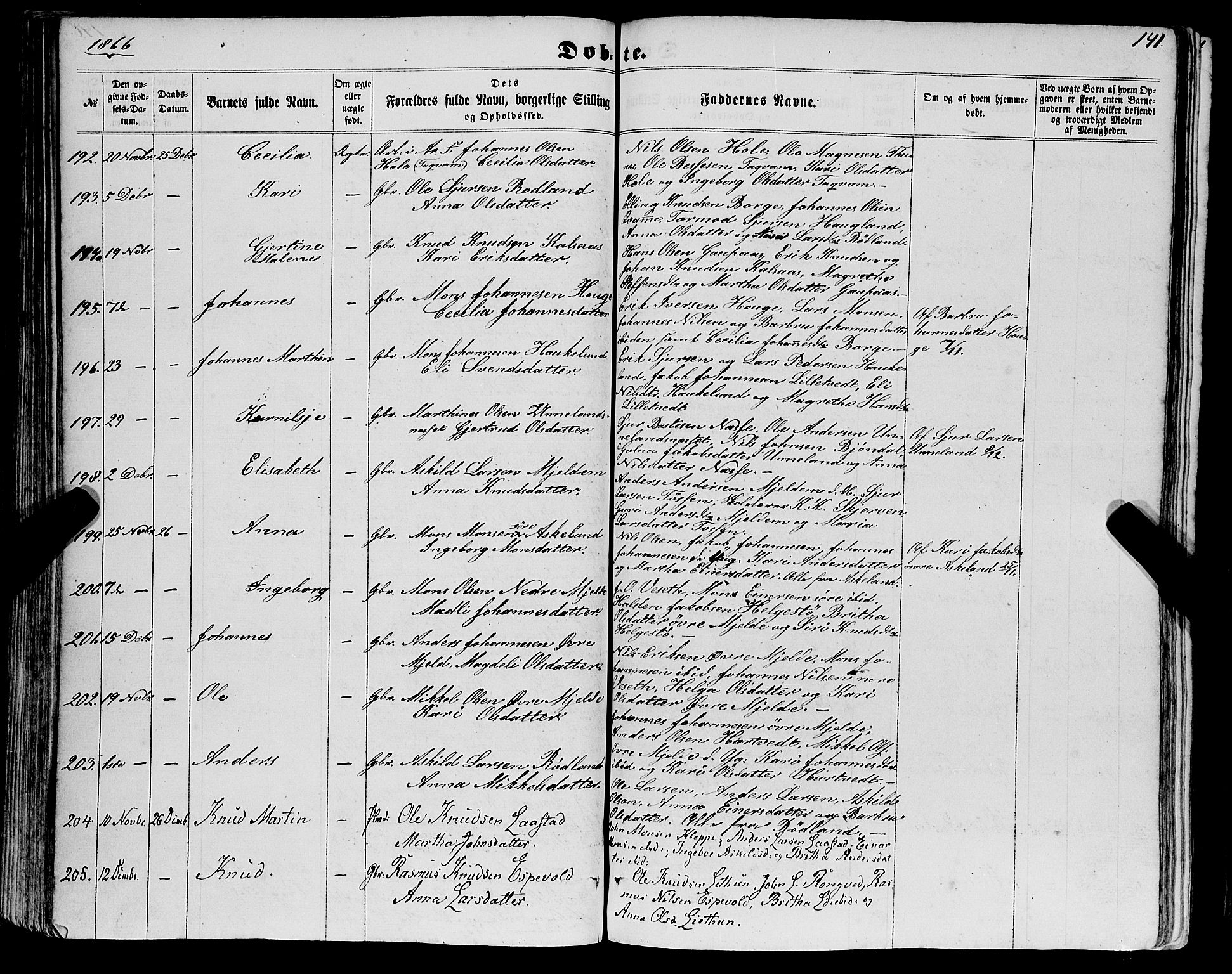 Haus sokneprestembete, AV/SAB-A-75601/H/Haa: Parish register (official) no. A 17, 1858-1870, p. 141