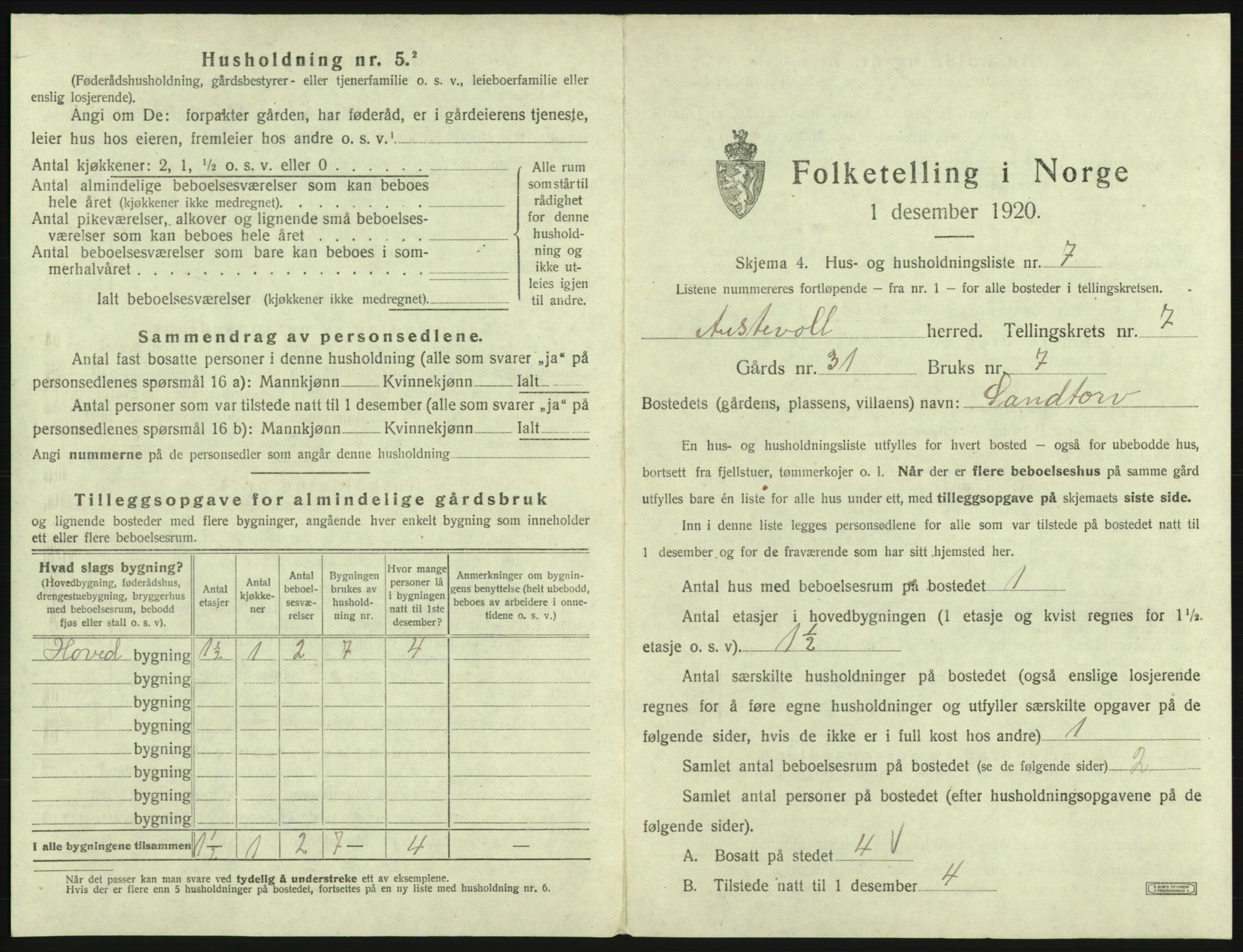 SAB, 1920 census for Austevoll, 1920, p. 465