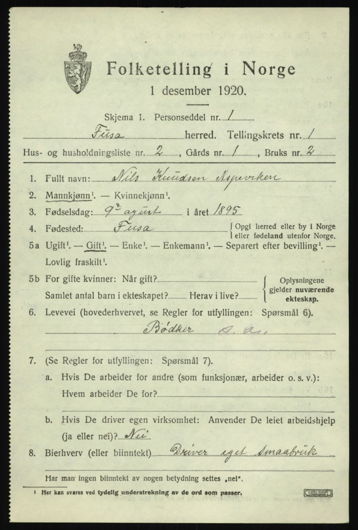 SAB, 1920 census for Fusa, 1920, p. 453