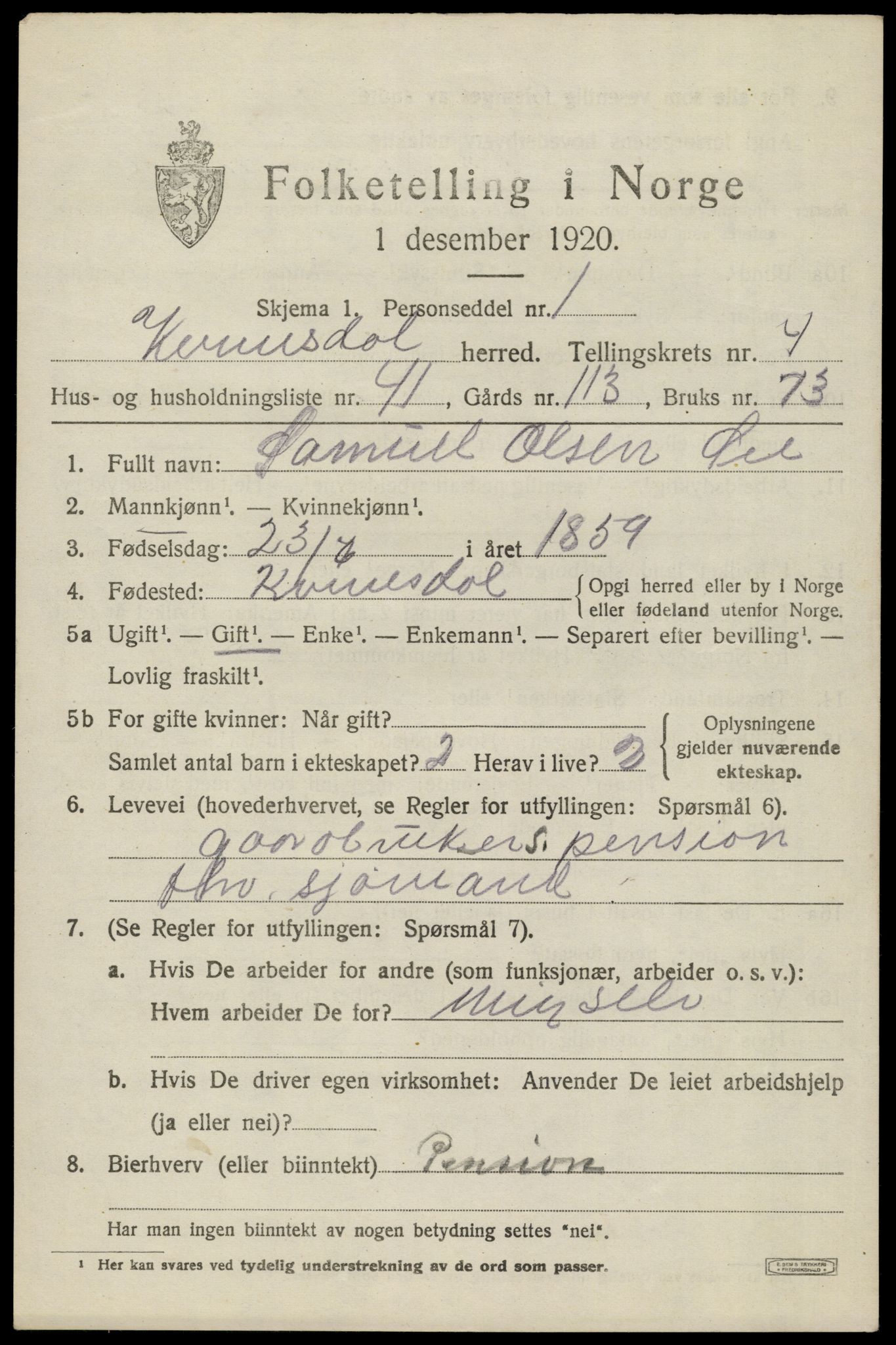 SAK, 1920 census for Kvinesdal, 1920, p. 4869