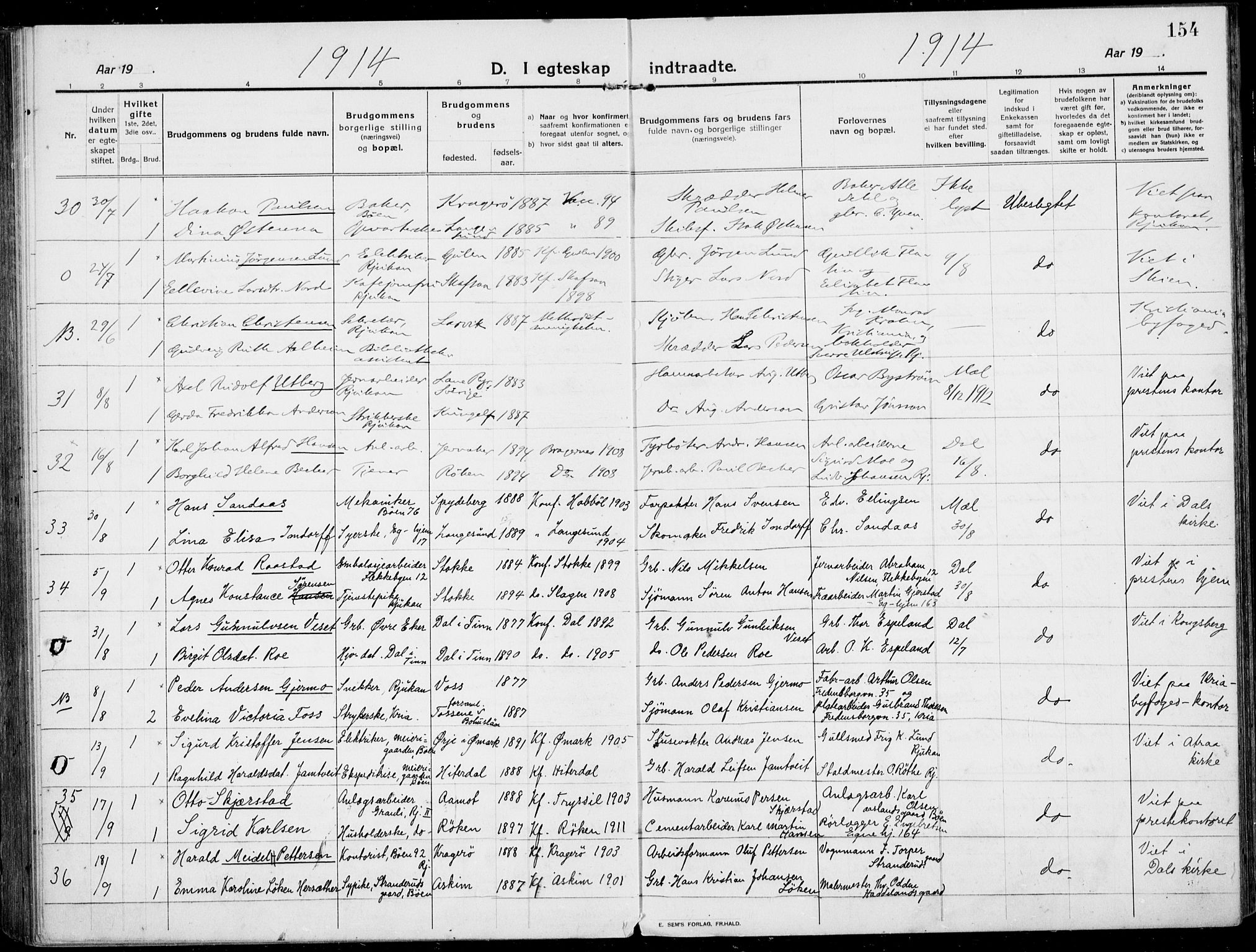 Rjukan kirkebøker, SAKO/A-294/F/Fa/L0002: Parish register (official) no. 2, 1912-1917, p. 154