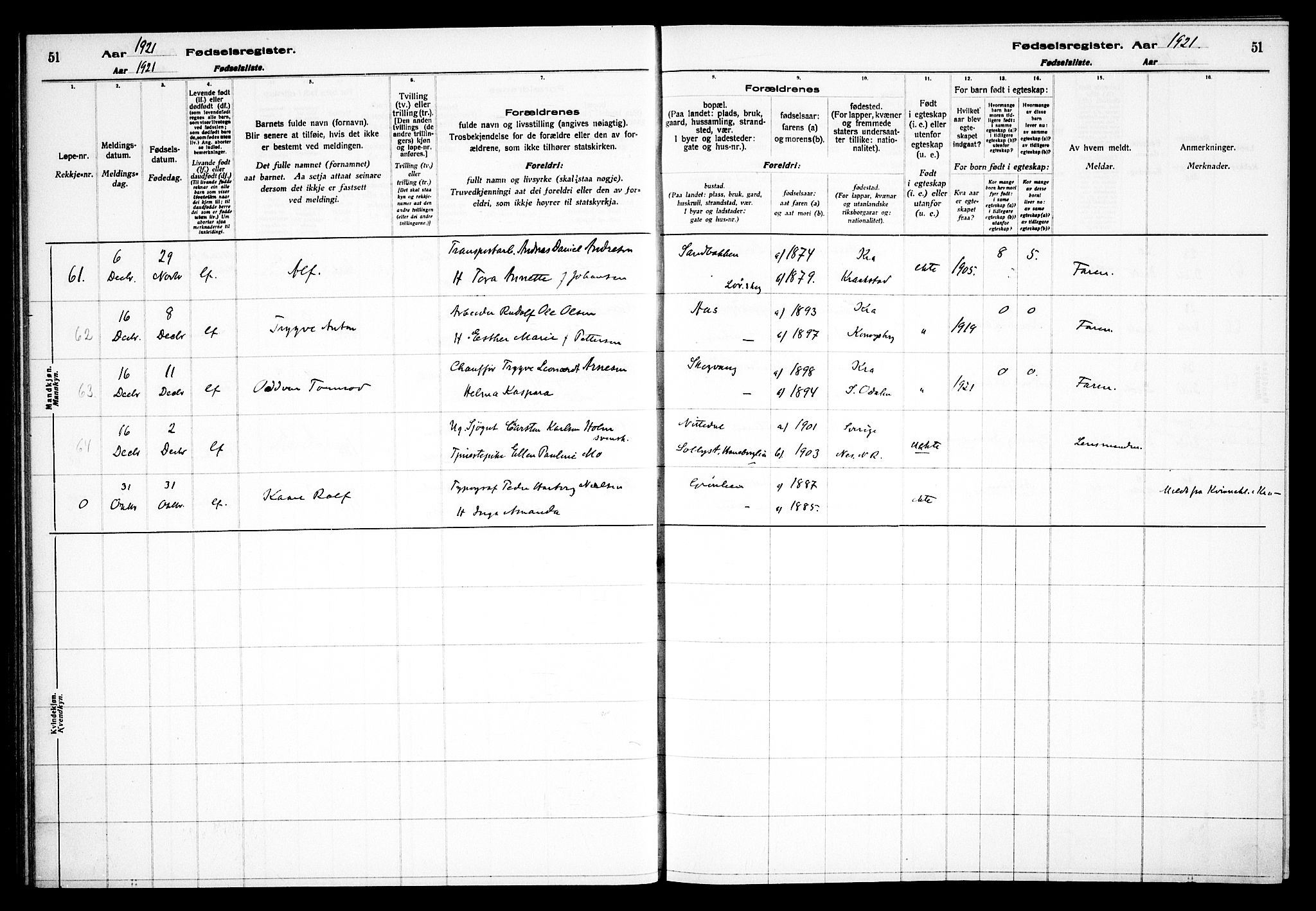 Skedsmo prestekontor Kirkebøker, AV/SAO-A-10033a/J/Jb/L0001: Birth register no. II 1, 1916-1932, p. 51