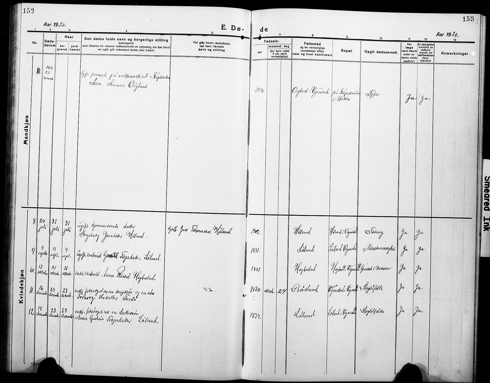 Nord-Audnedal sokneprestkontor, AV/SAK-1111-0032/F/Fb/Fbb/L0005: Parish register (copy) no. B 5, 1918-1929, p. 152-153