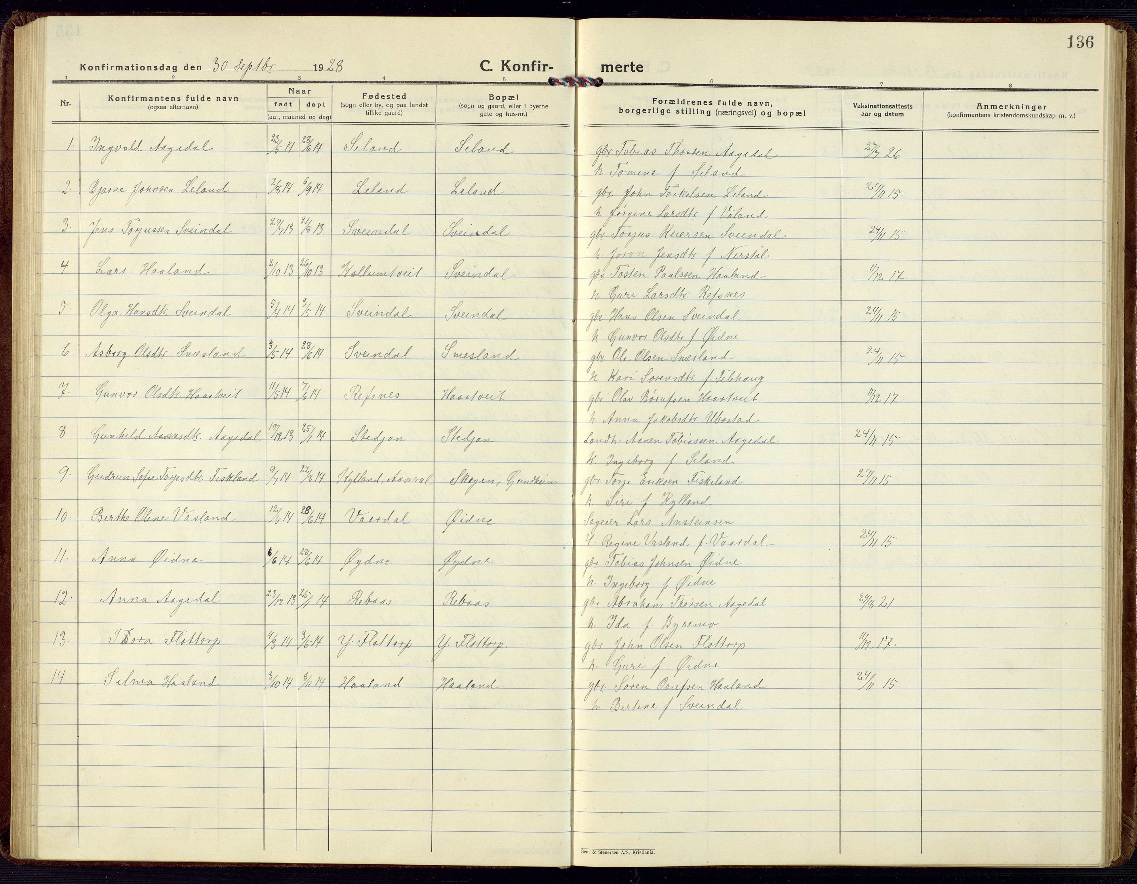 Bjelland sokneprestkontor, SAK/1111-0005/F/Fb/Fbc/L0004: Parish register (copy) no. B 4, 1921-1978, p. 136