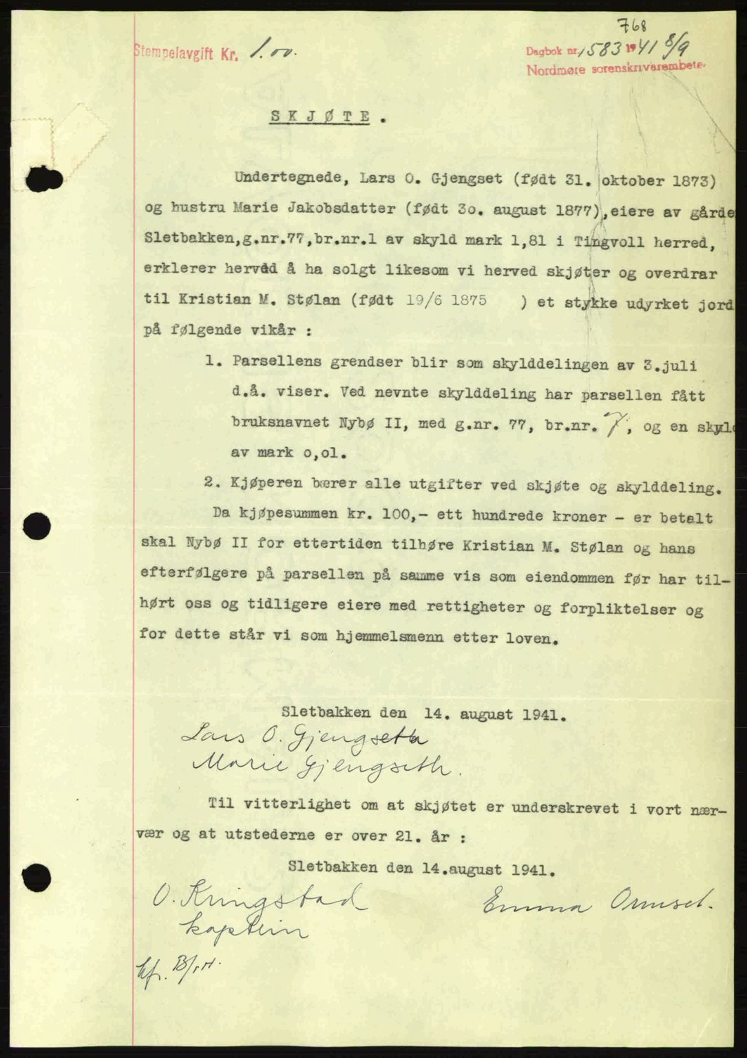 Nordmøre sorenskriveri, SAT/A-4132/1/2/2Ca: Mortgage book no. A90, 1941-1941, Diary no: : 1583/1941