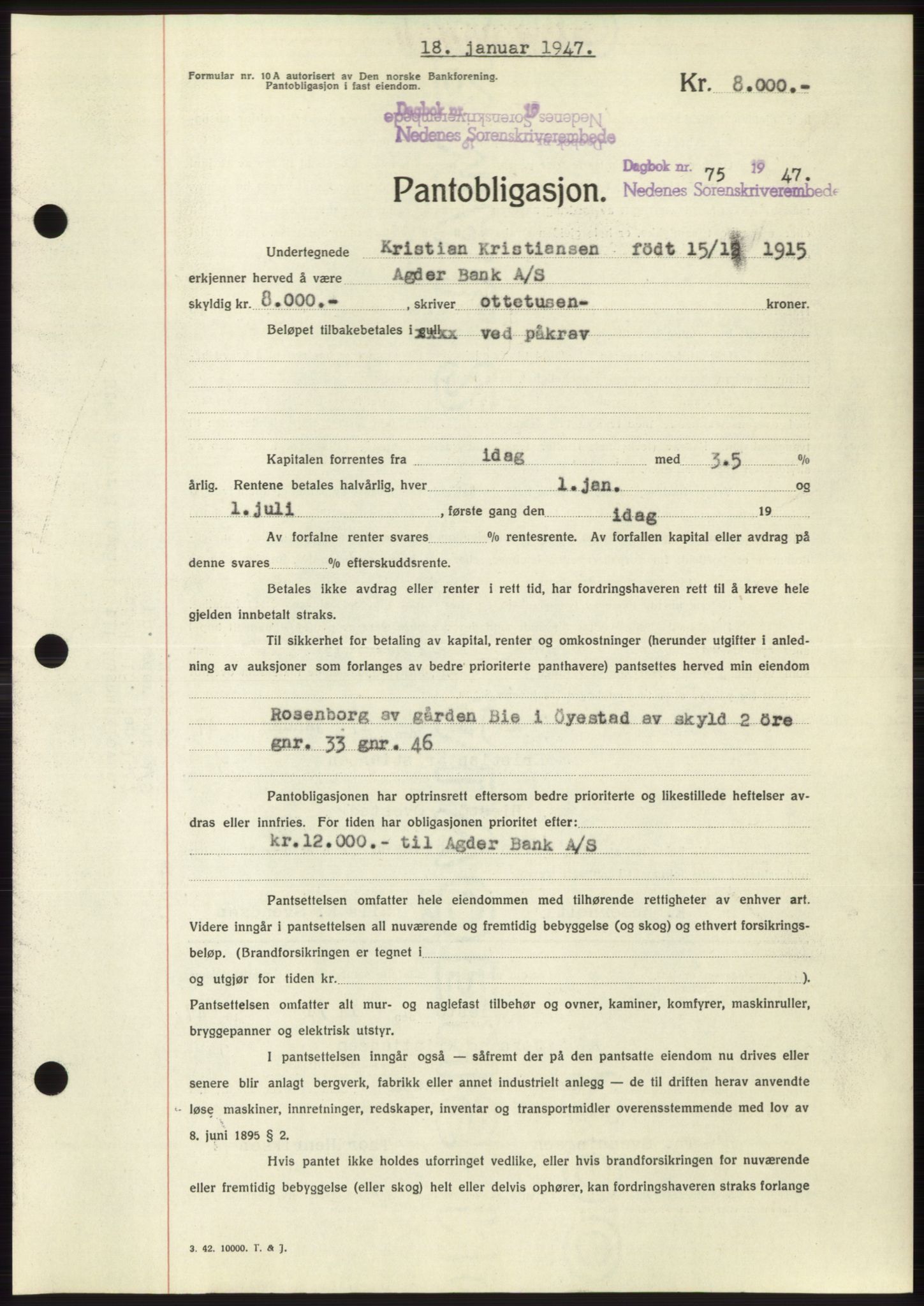 Nedenes sorenskriveri, AV/SAK-1221-0006/G/Gb/Gbb/L0004: Mortgage book no. B4, 1947-1947, Diary no: : 75/1947