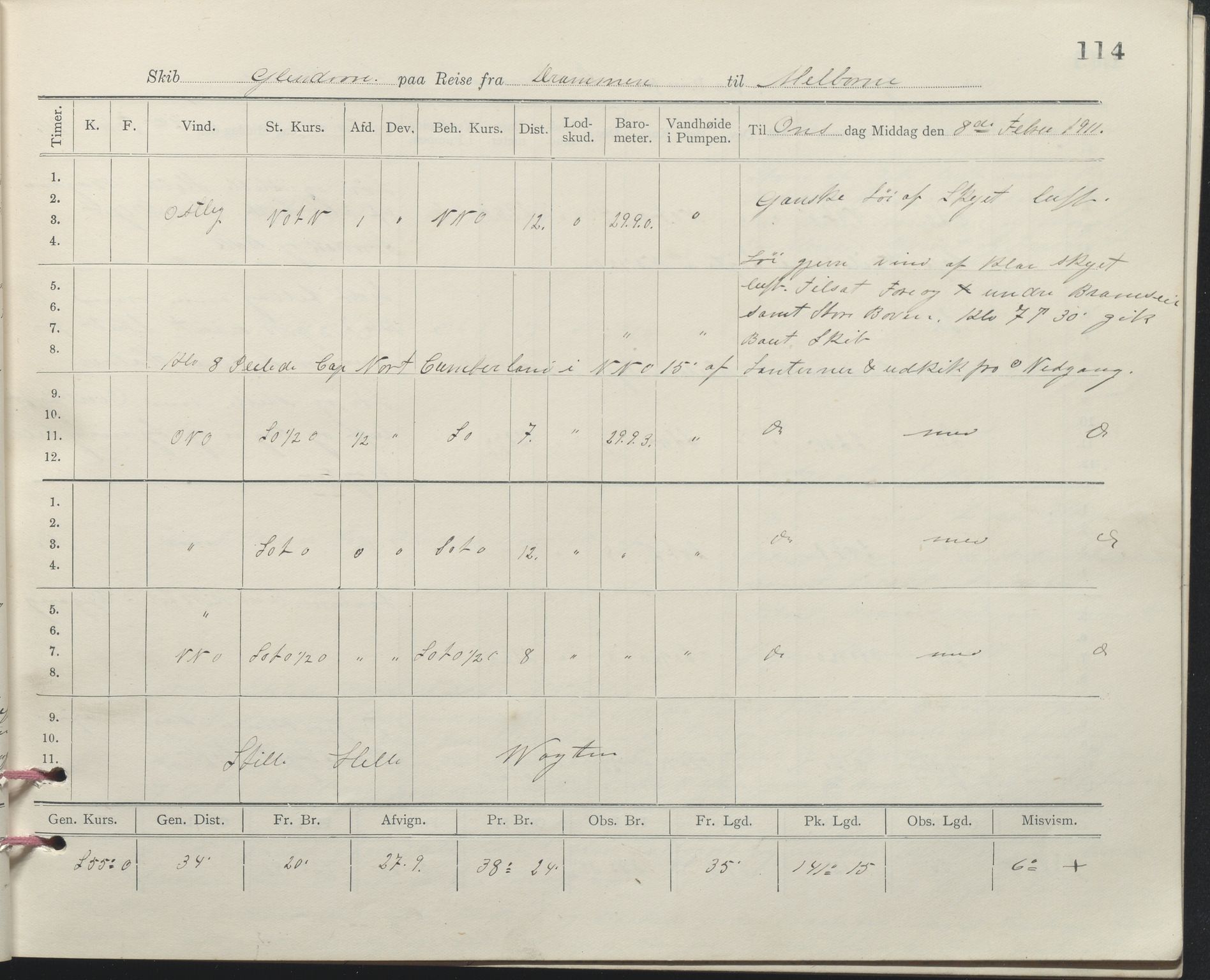 , PA-1348 Mathiesen, Erik Martinius; logbok Glendoon 1910-1911, 1910-1911, p. 114