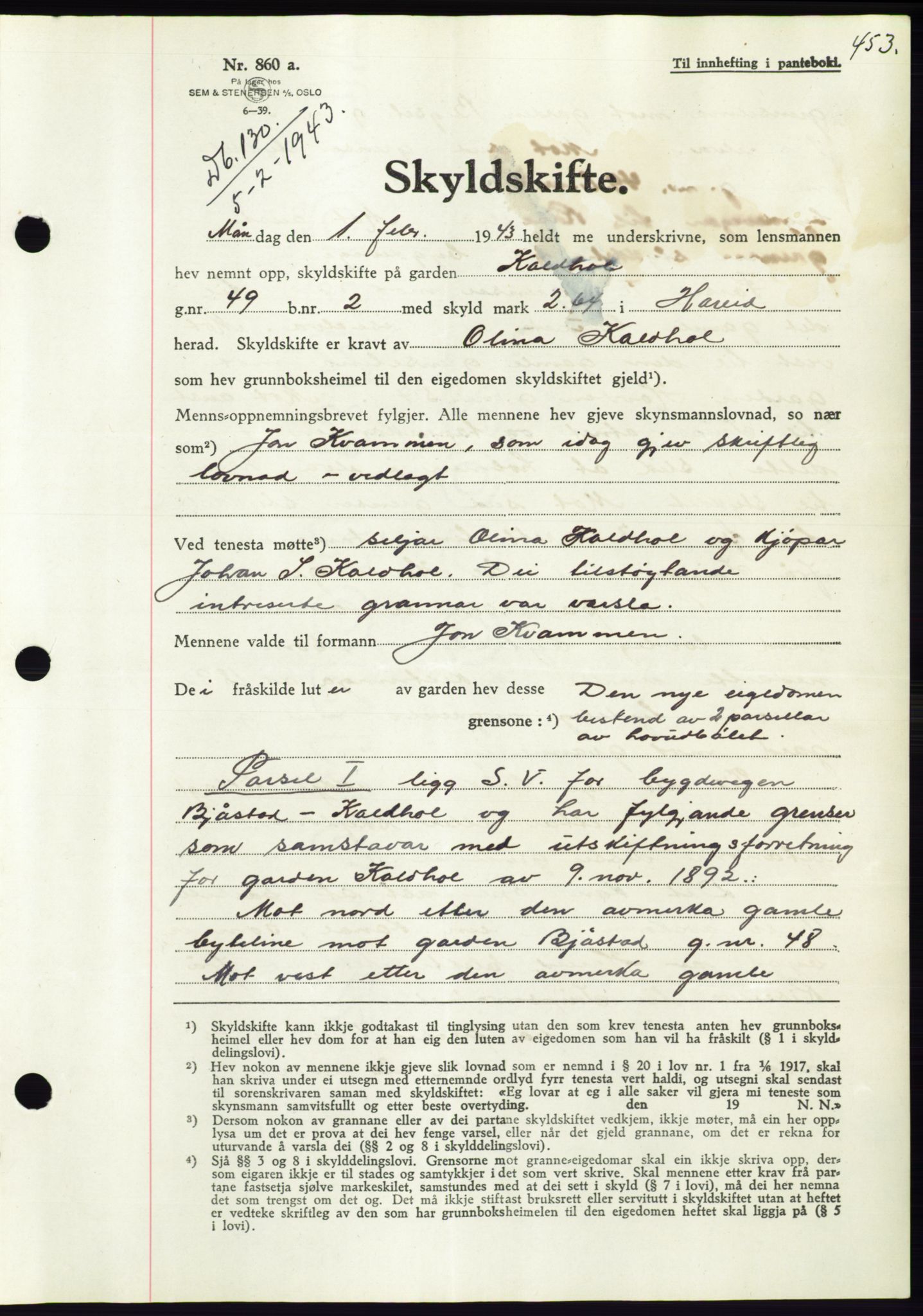 Søre Sunnmøre sorenskriveri, AV/SAT-A-4122/1/2/2C/L0074: Mortgage book no. 68, 1942-1943, Diary no: : 130/1943