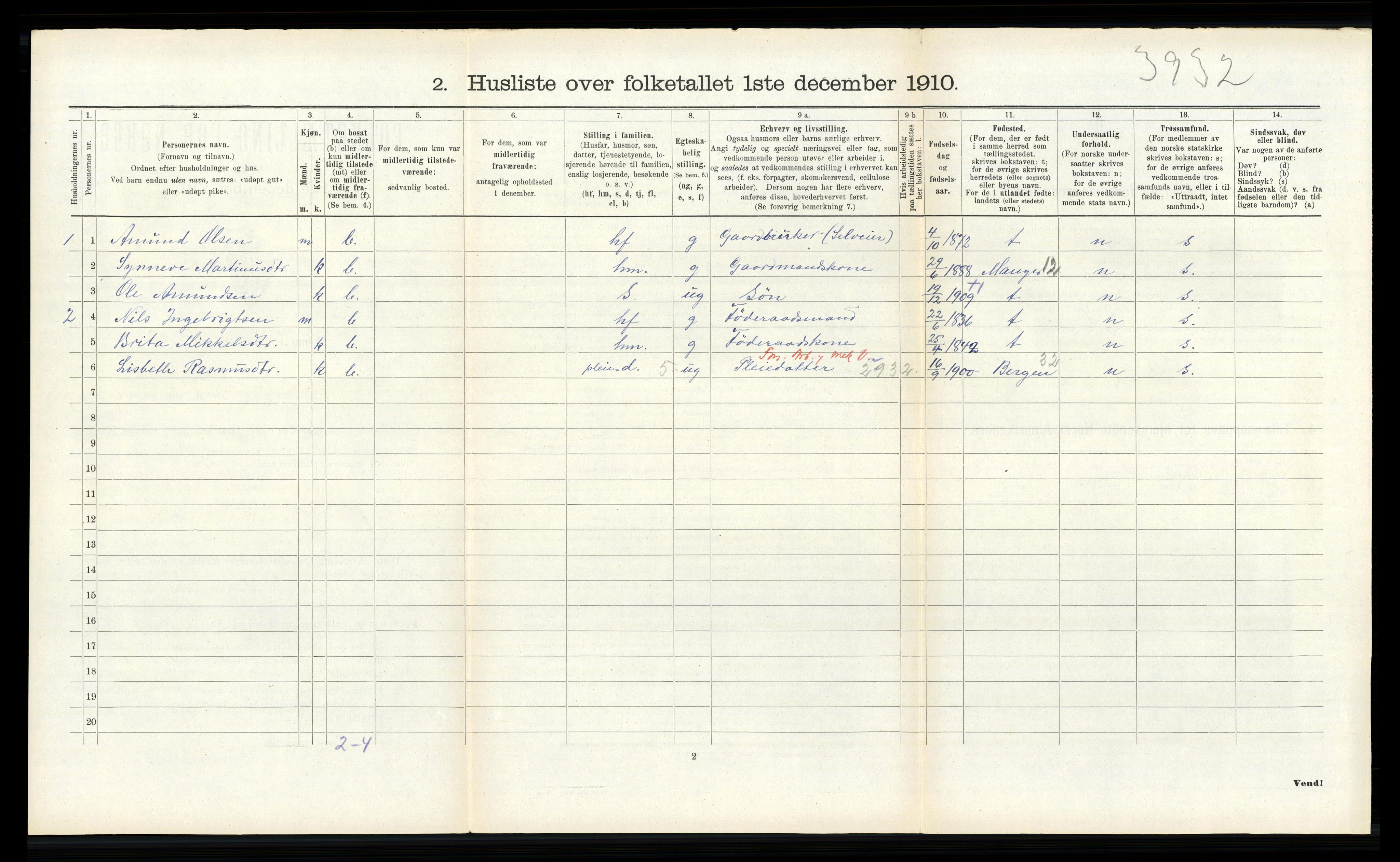 RA, 1910 census for Lindås, 1910, p. 289