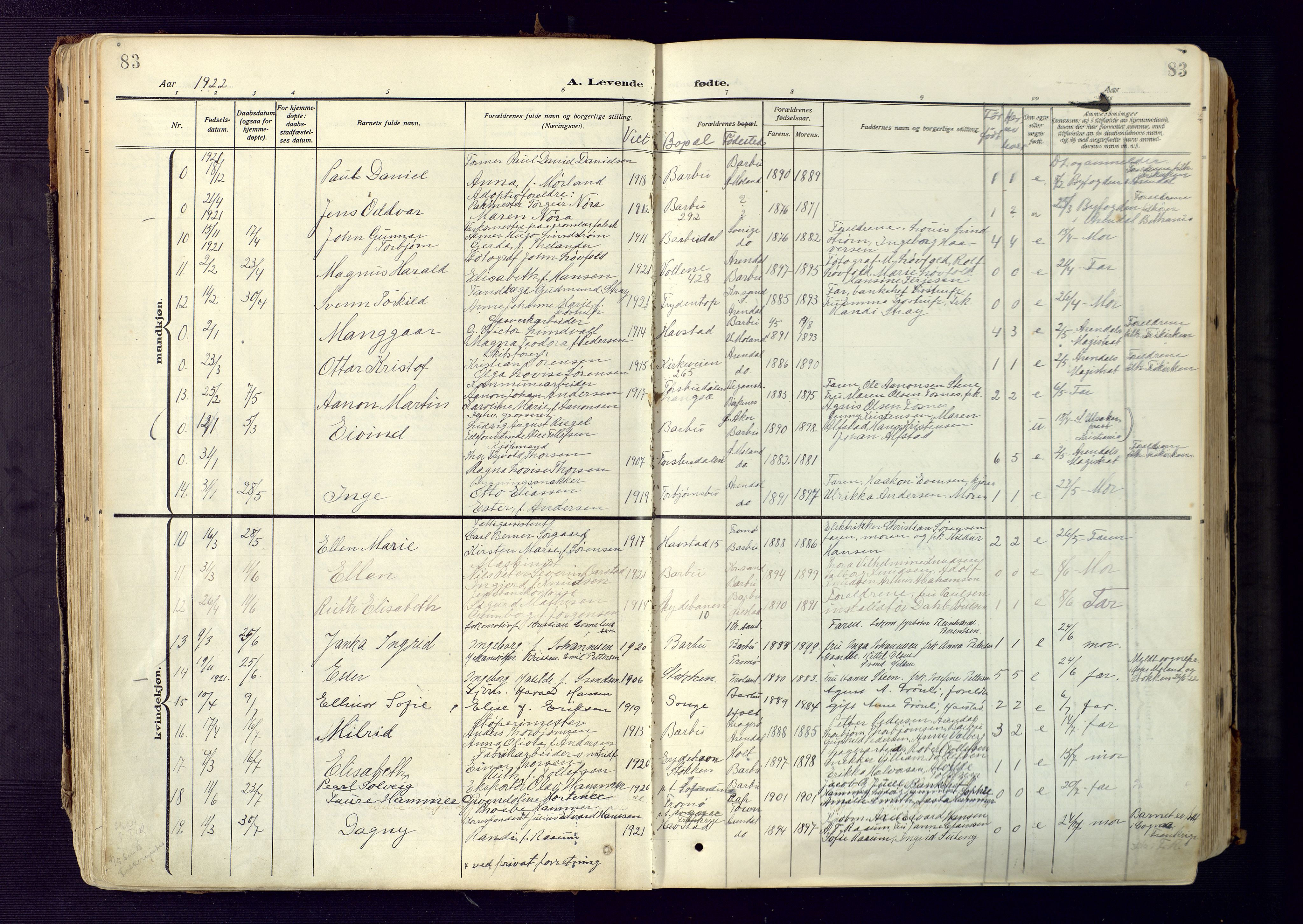 Barbu sokneprestkontor, SAK/1111-0003/F/Fa/L0006: Parish register (official) no. A 6, 1910-1929, p. 83