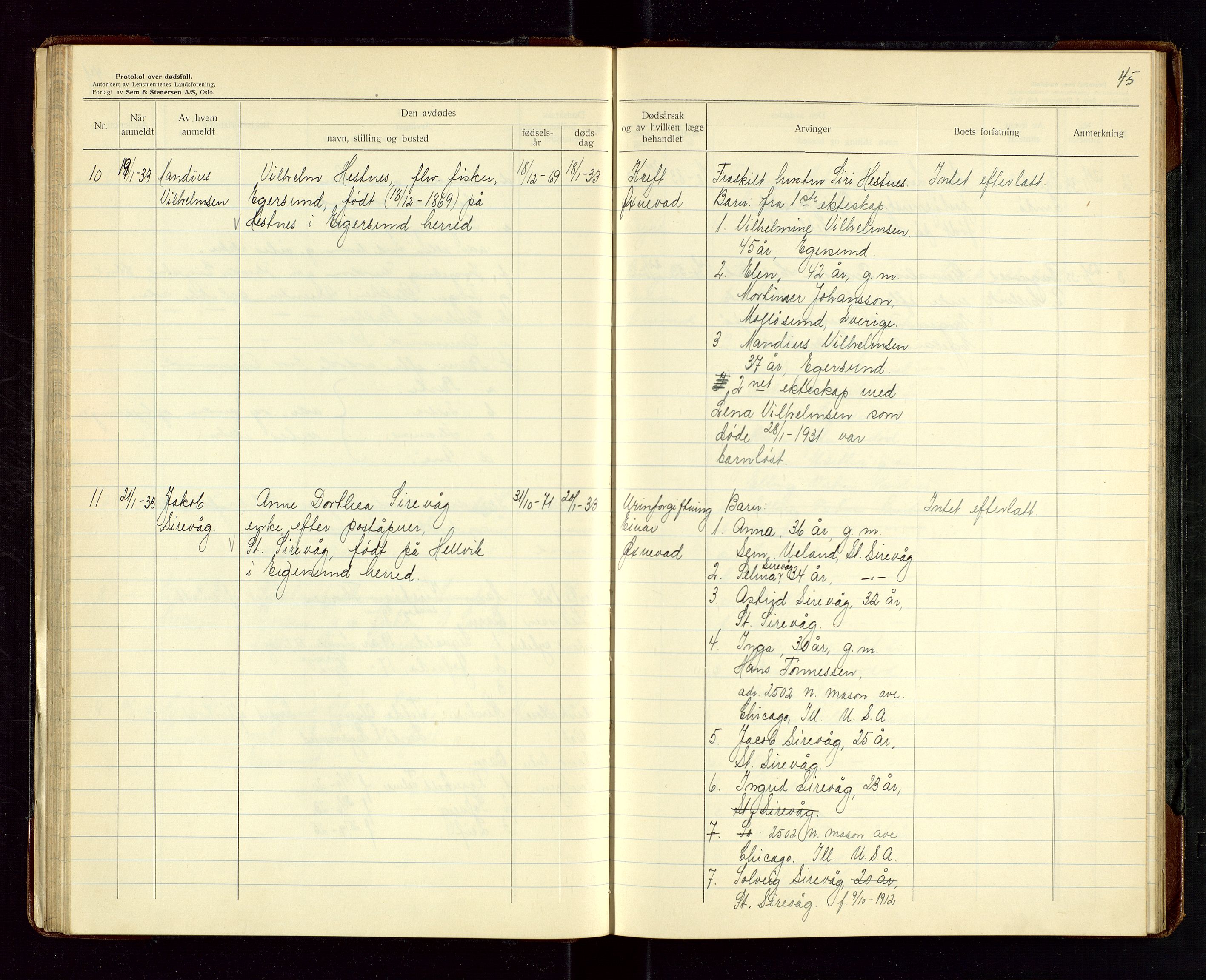 Eigersund lensmannskontor, AV/SAST-A-100171/Gga/L0012: "Protokoll over anmeldte dødsfall" m/alfabetisk navneregister, 1931-1934, p. 45
