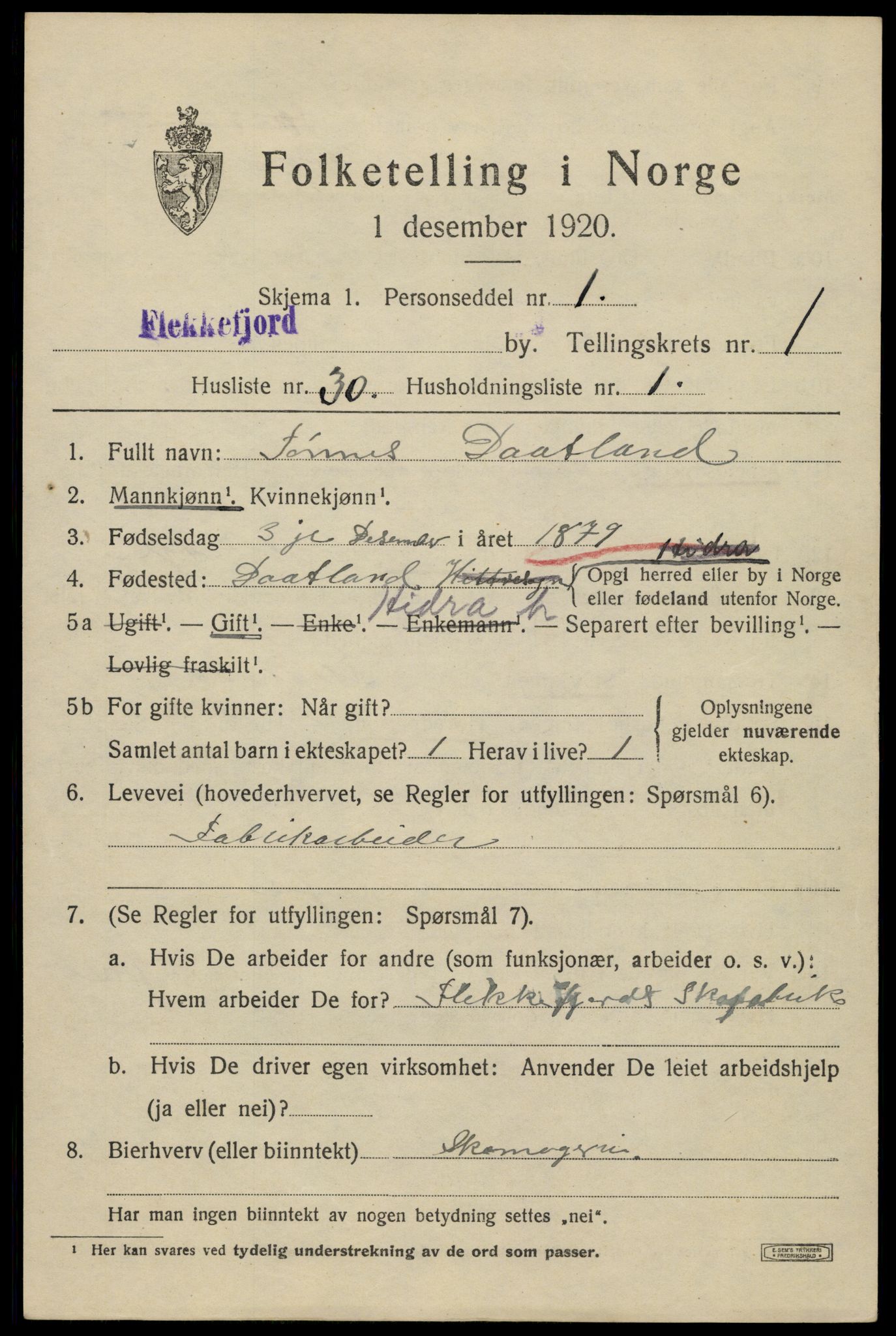 SAK, 1920 census for Flekkefjord, 1920, p. 2110