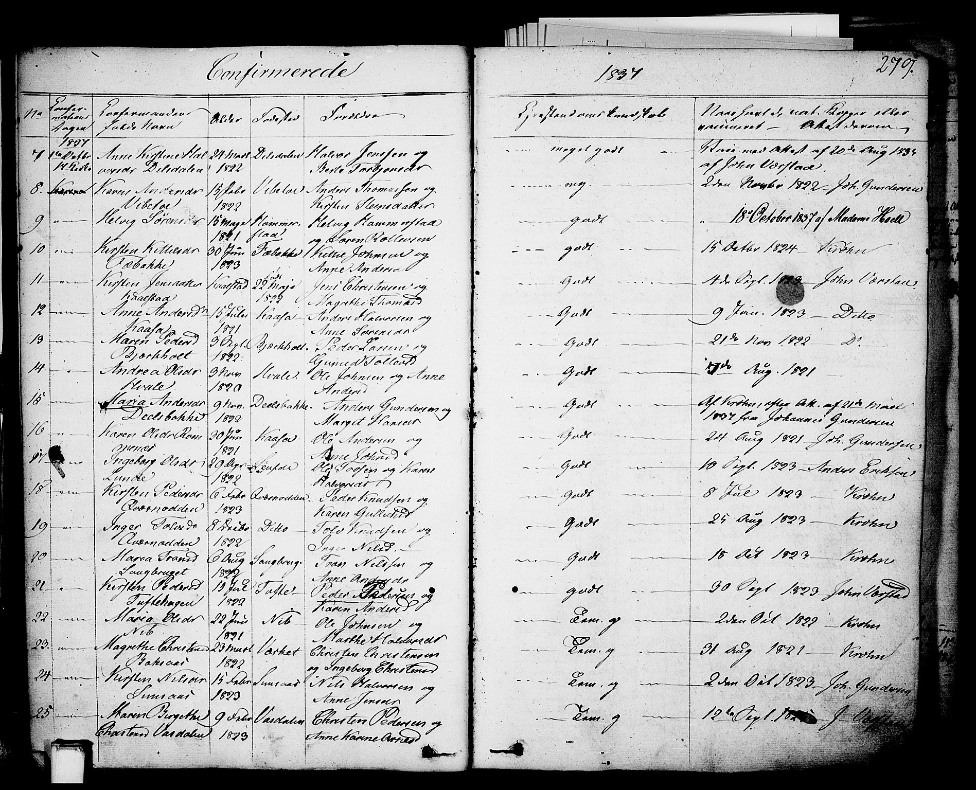 Holla kirkebøker, SAKO/A-272/F/Fa/L0004: Parish register (official) no. 4, 1830-1848, p. 279