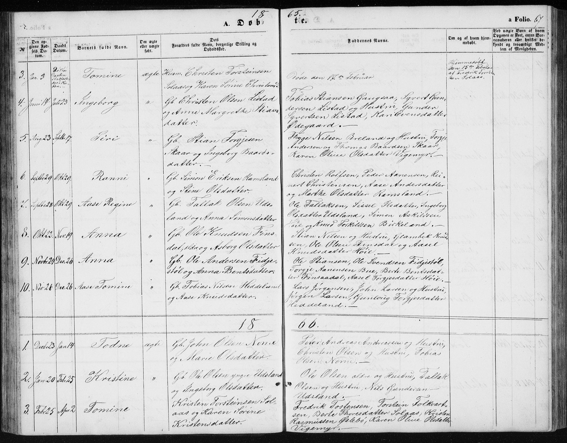 Holum sokneprestkontor, AV/SAK-1111-0022/F/Fb/Fbc/L0002: Parish register (copy) no. B 2, 1860-1882, p. 67