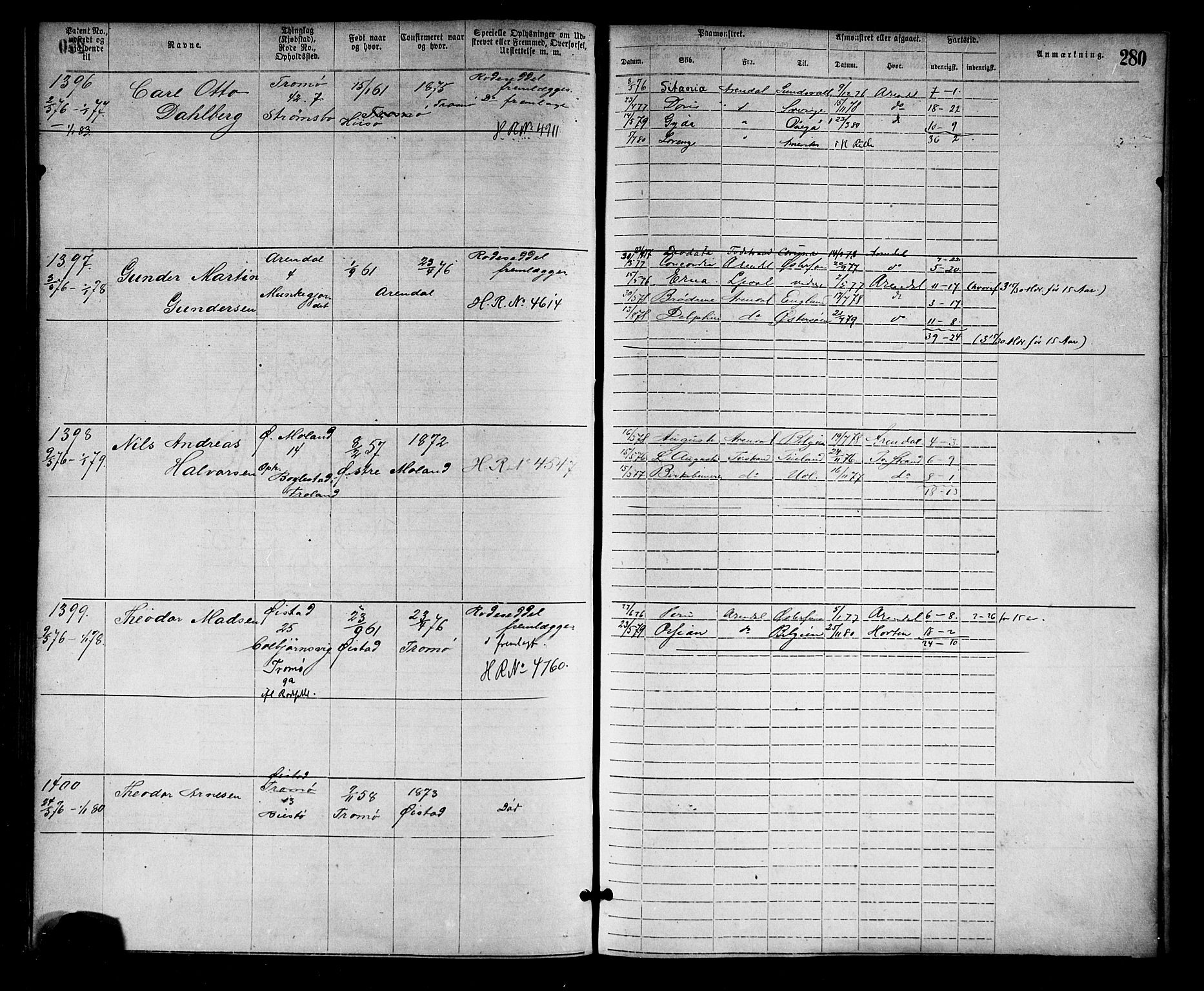 Arendal mønstringskrets, SAK/2031-0012/F/Fa/L0002: Annotasjonsrulle nr 1-1910 med register, S-2, 1868-1880, p. 313