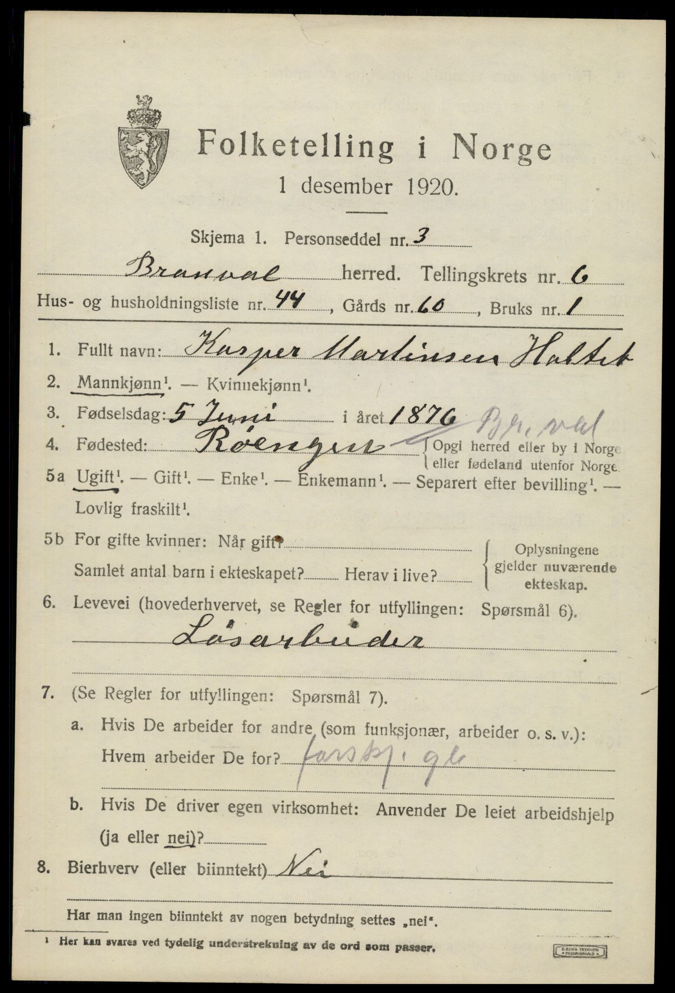 SAH, 1920 census for Brandval, 1920, p. 5768