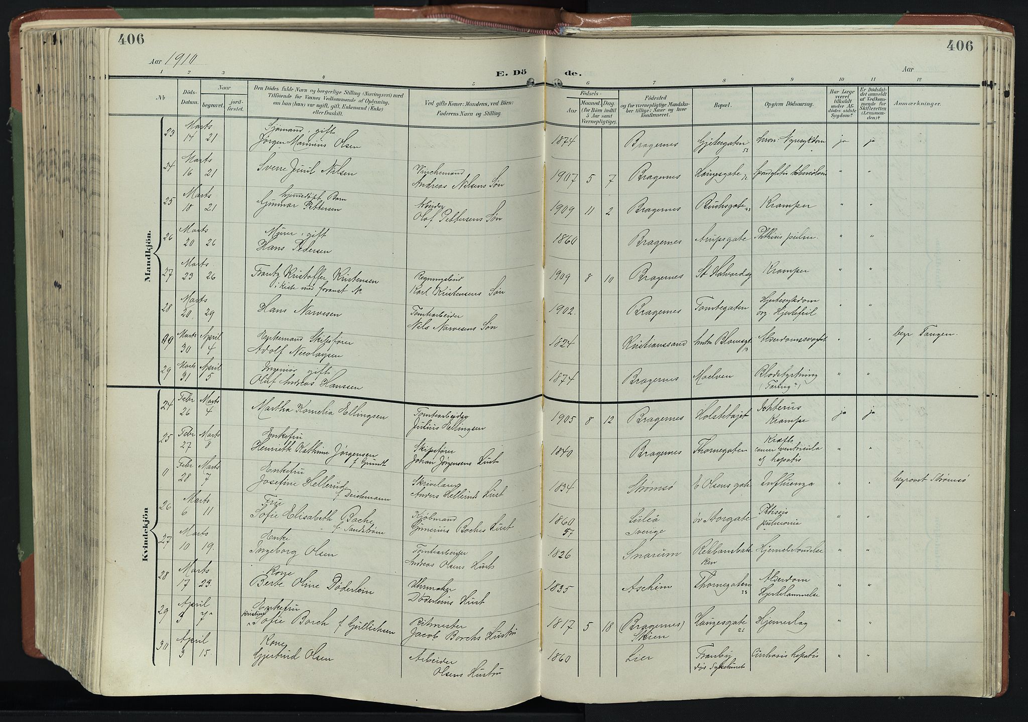 Bragernes kirkebøker, SAKO/A-6/F/Fb/L0009: Parish register (official) no. II 9, 1902-1911, p. 406