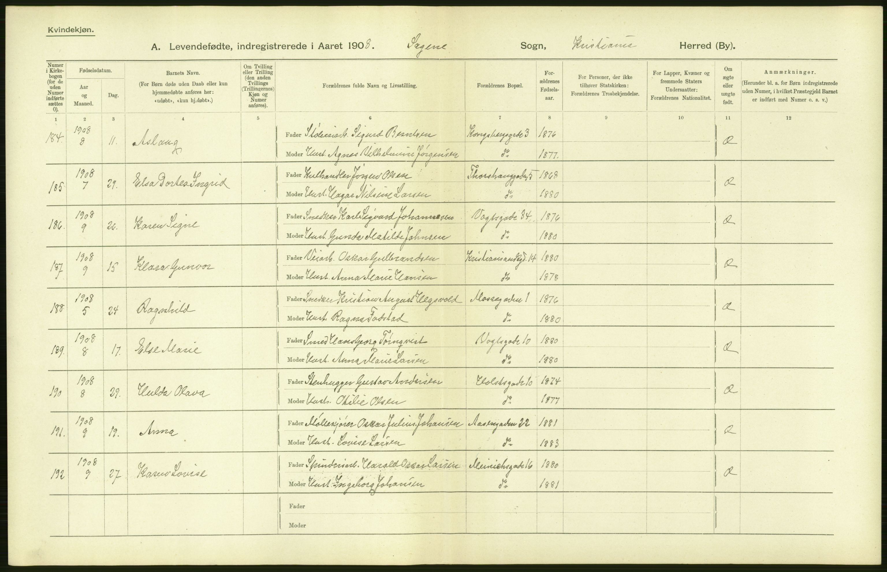 Statistisk sentralbyrå, Sosiodemografiske emner, Befolkning, AV/RA-S-2228/D/Df/Dfa/Dfaf/L0006: Kristiania: Levendefødte menn og kvinner., 1908, p. 146