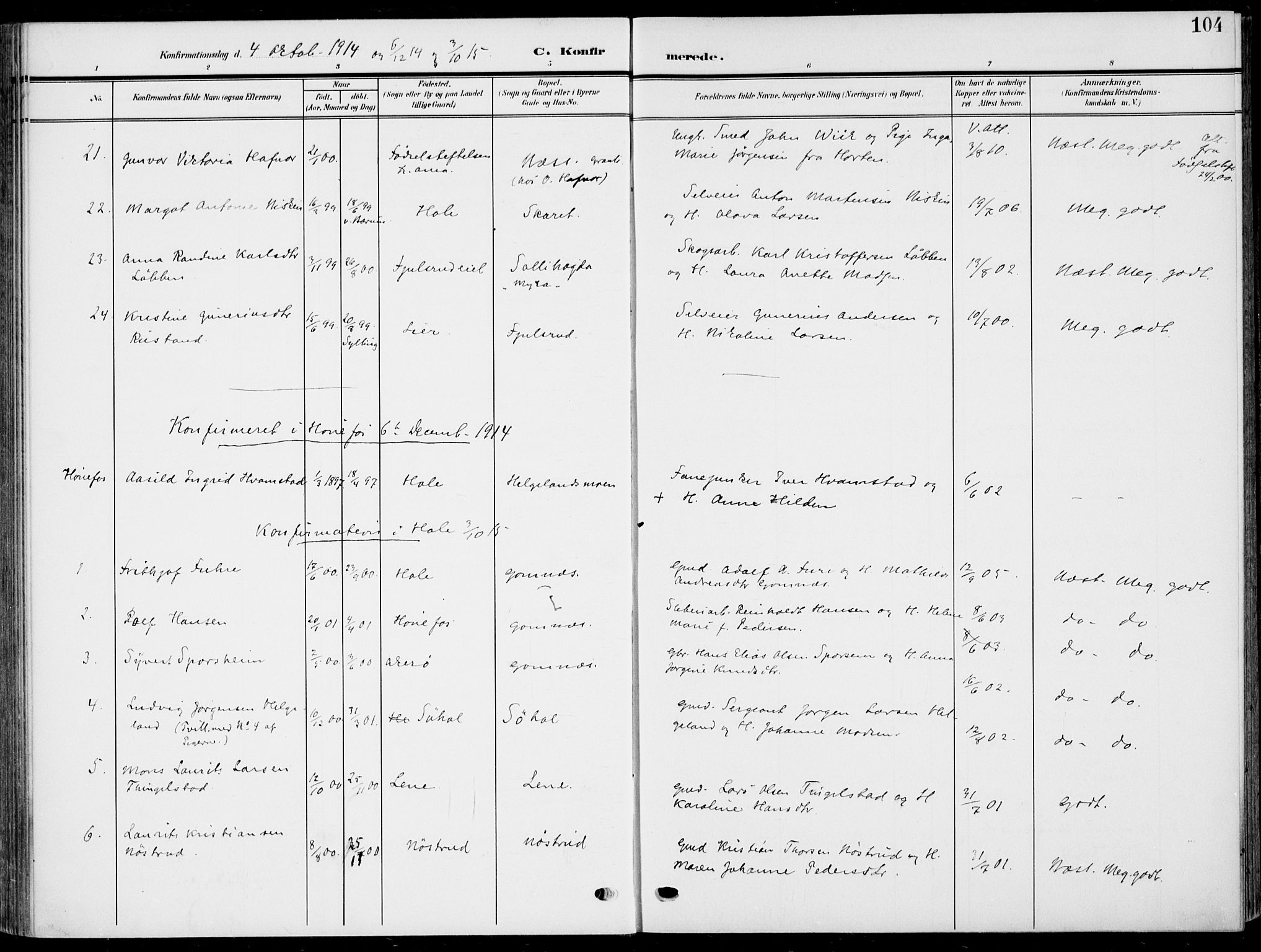 Hole kirkebøker, SAKO/A-228/F/Fa/L0010: Parish register (official) no. I 10, 1907-1917, p. 104