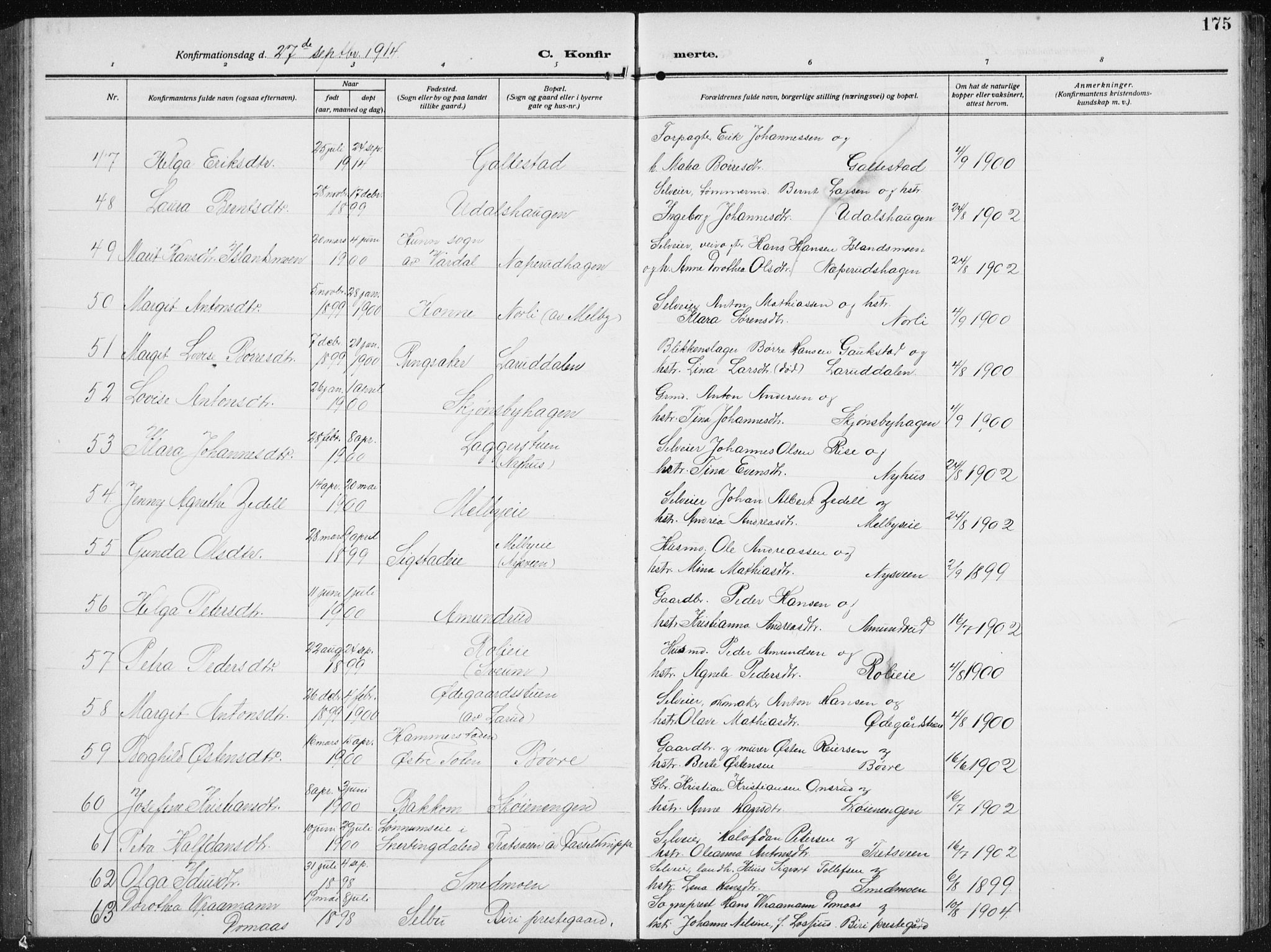 Biri prestekontor, SAH/PREST-096/H/Ha/Hab/L0006: Parish register (copy) no. 6, 1909-1938, p. 175