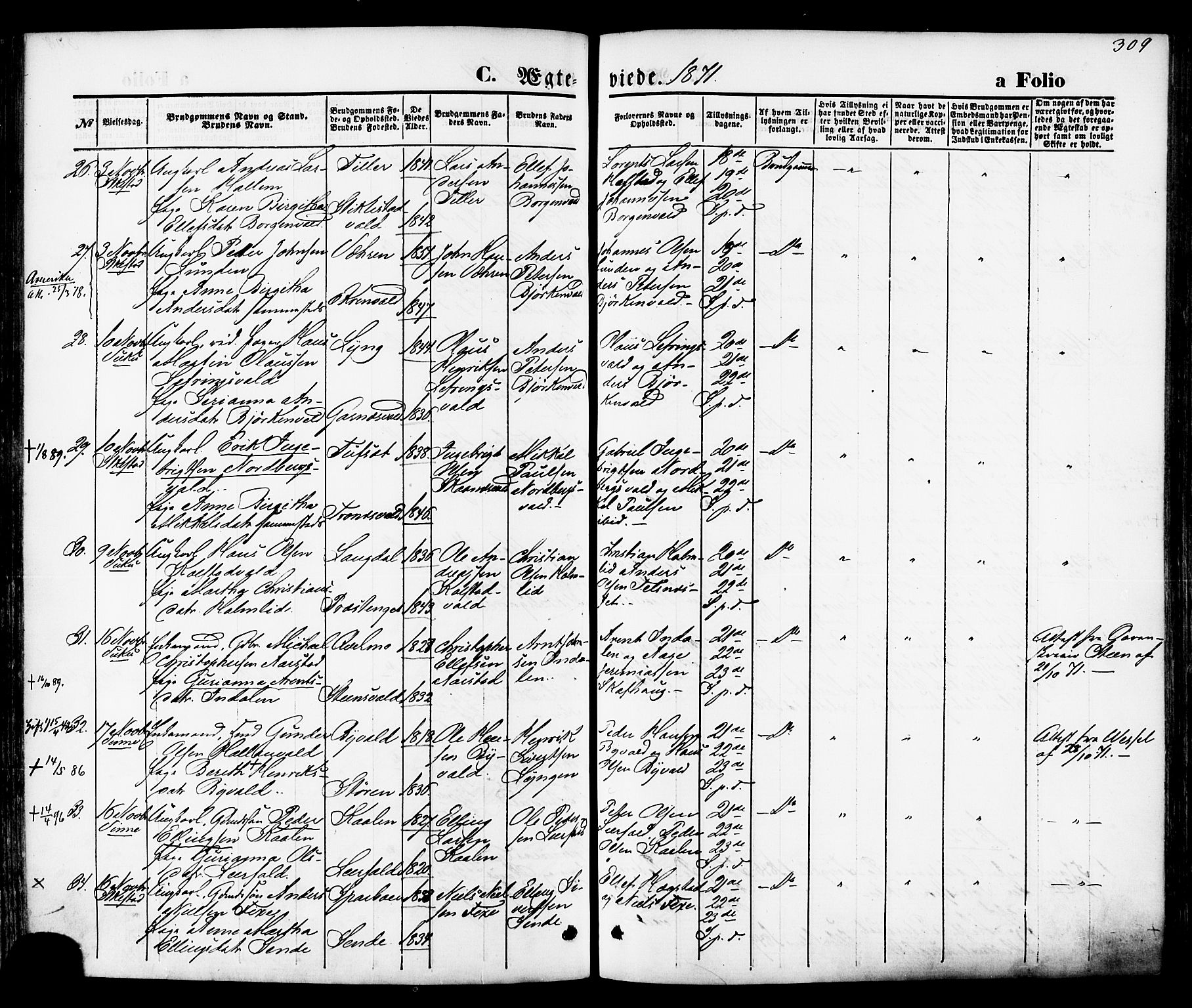 Ministerialprotokoller, klokkerbøker og fødselsregistre - Nord-Trøndelag, SAT/A-1458/723/L0242: Parish register (official) no. 723A11, 1870-1880, p. 309