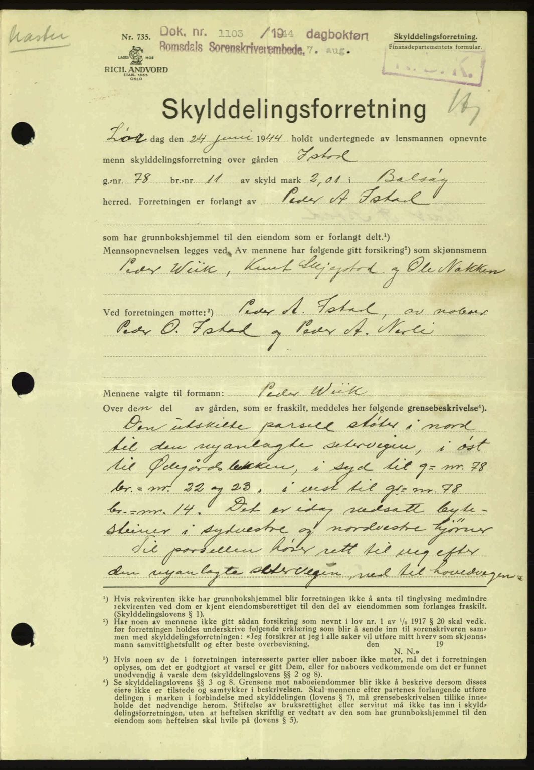 Romsdal sorenskriveri, SAT/A-4149/1/2/2C: Mortgage book no. A16, 1944-1944, Diary no: : 1103/1944