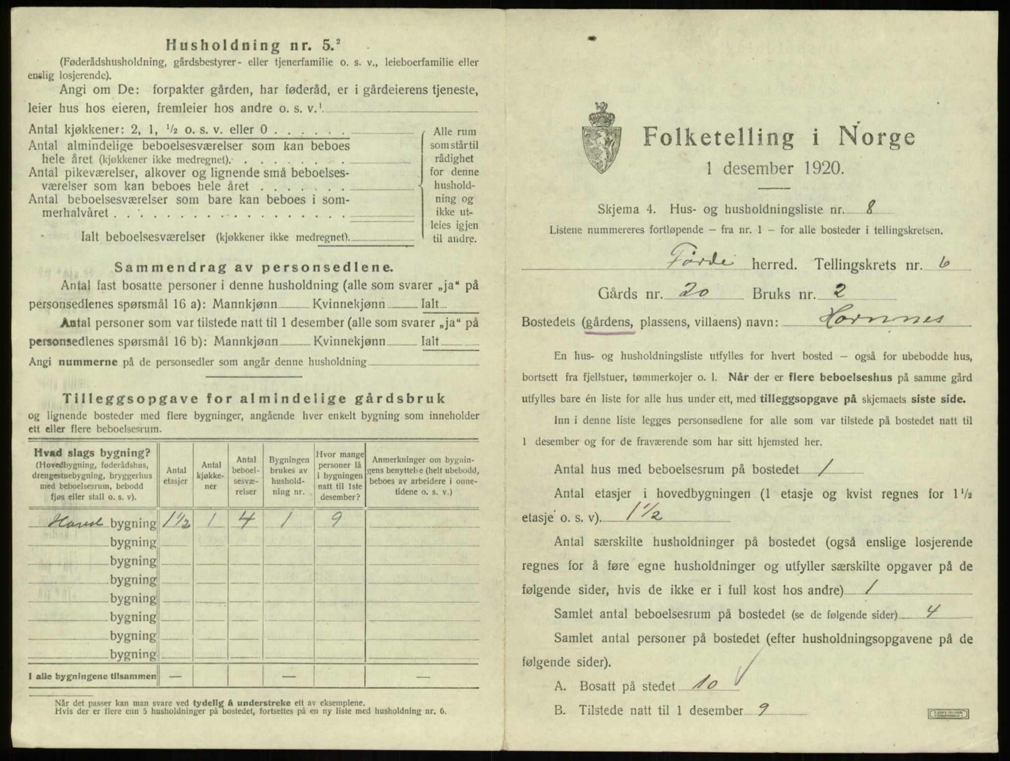 SAB, 1920 census for Førde, 1920, p. 289