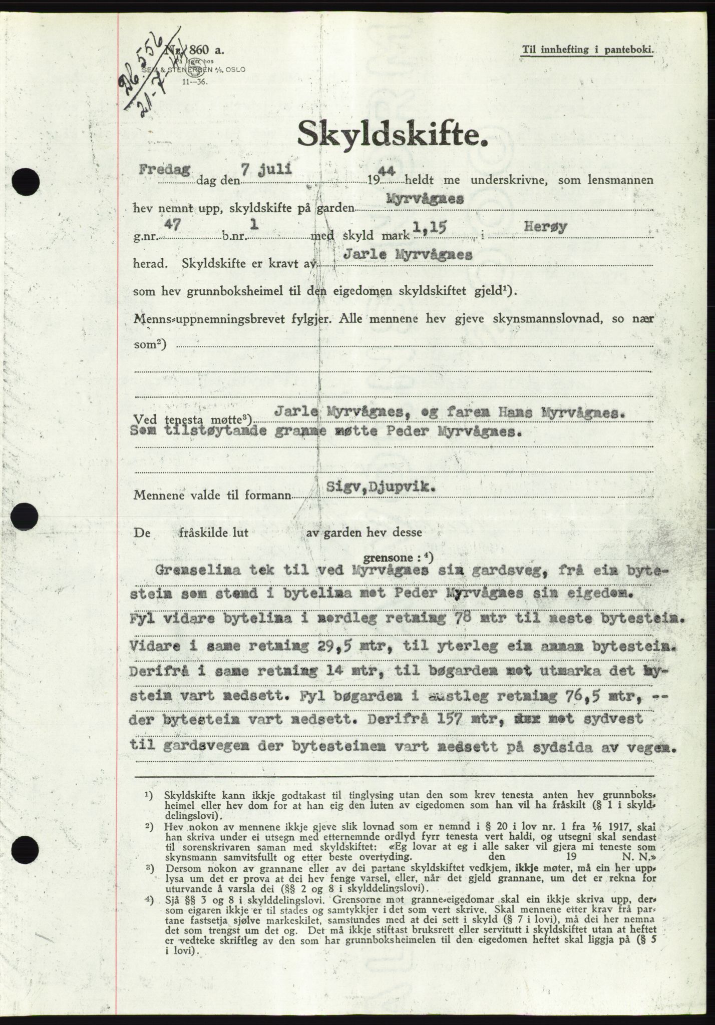 Søre Sunnmøre sorenskriveri, AV/SAT-A-4122/1/2/2C/L0076: Mortgage book no. 2A, 1943-1944, Diary no: : 556/1944