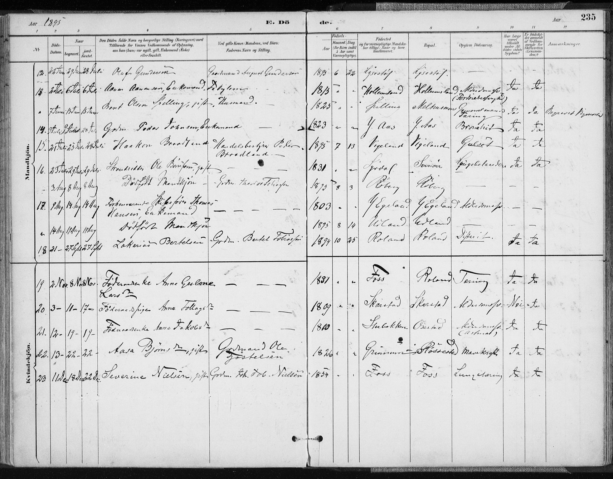 Sør-Audnedal sokneprestkontor, AV/SAK-1111-0039/F/Fa/Fab/L0010: Parish register (official) no. A 10, 1892-1913, p. 235