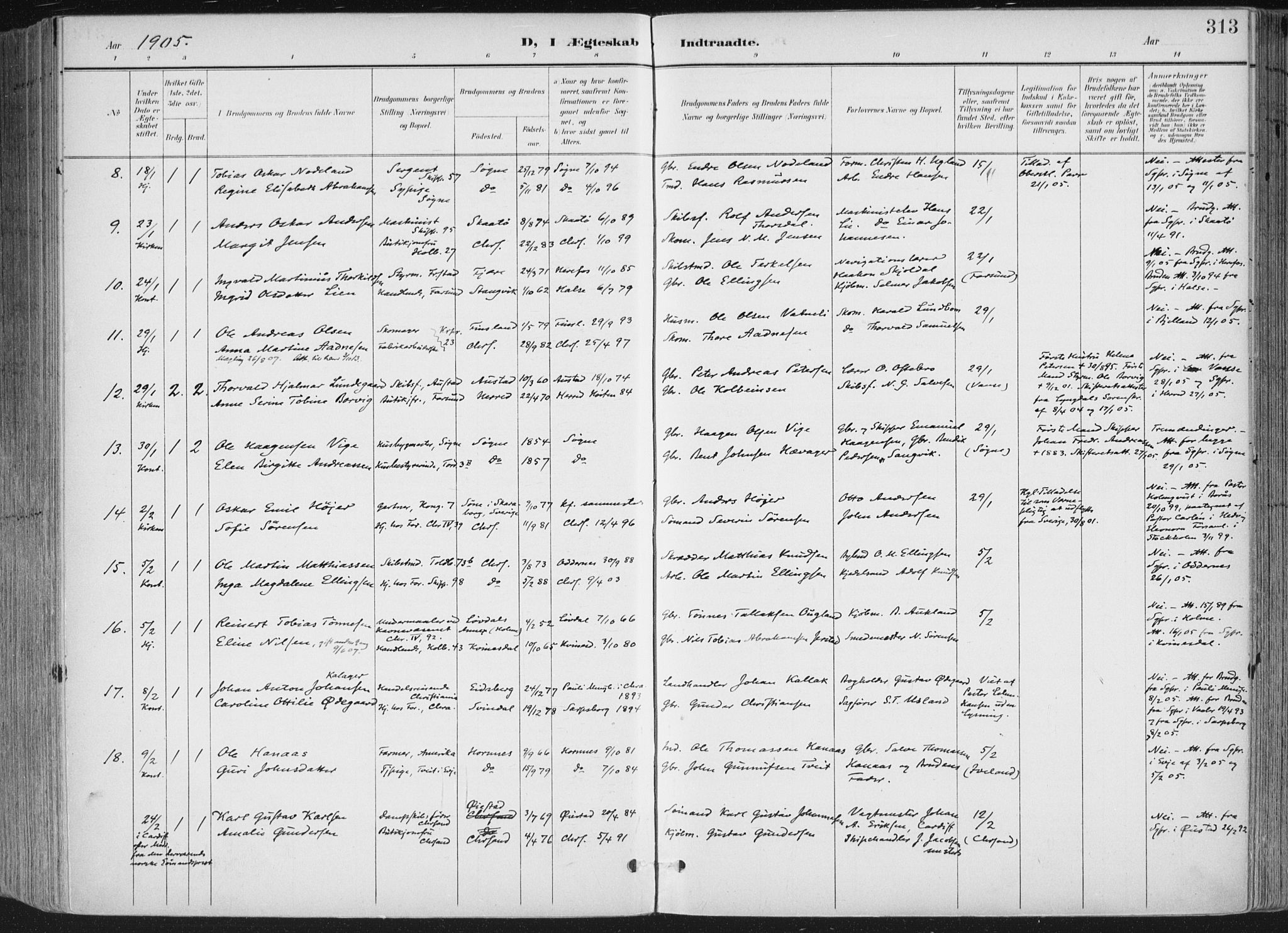 Kristiansand domprosti, AV/SAK-1112-0006/F/Fa/L0021: Parish register (official) no. A 20, 1898-1908, p. 313