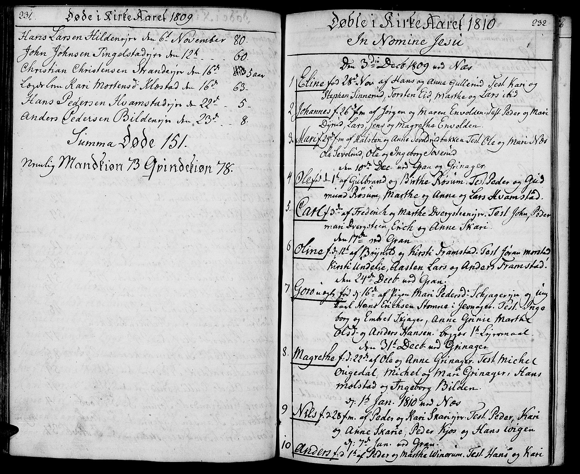 Gran prestekontor, SAH/PREST-112/H/Ha/Haa/L0008: Parish register (official) no. 8, 1798-1811, p. 231-232