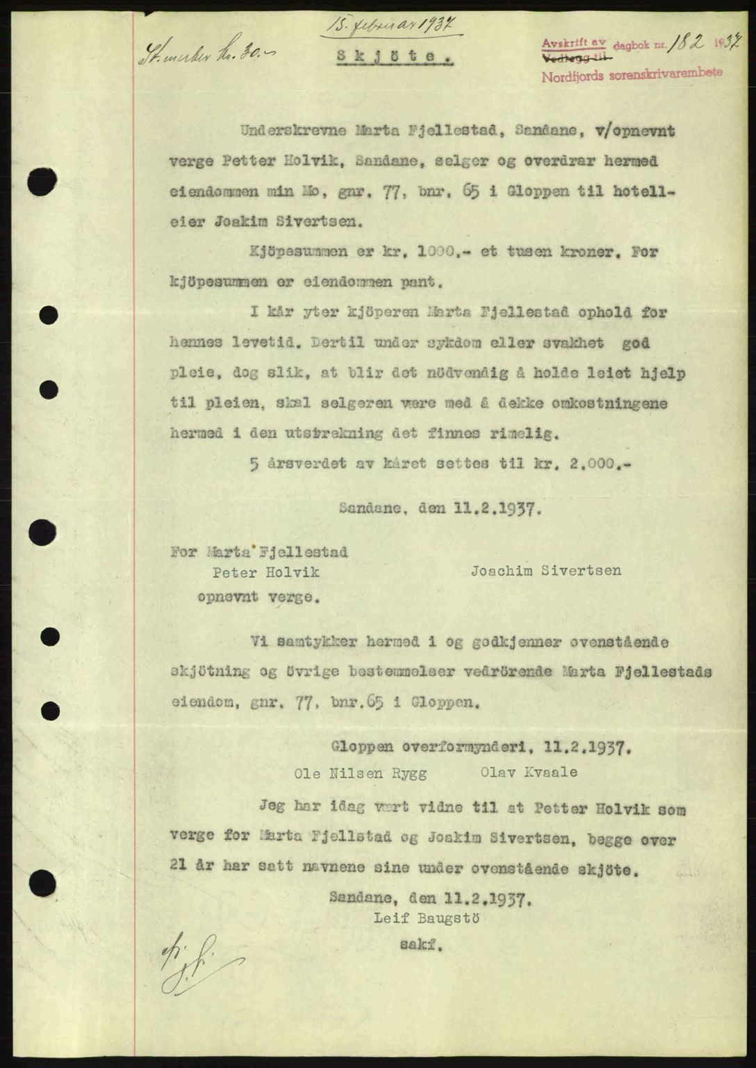 Nordfjord sorenskriveri, AV/SAB-A-2801/02/02b/02bj/L0001: Mortgage book no. A1, 1936-1937, Diary no: : 182/1937