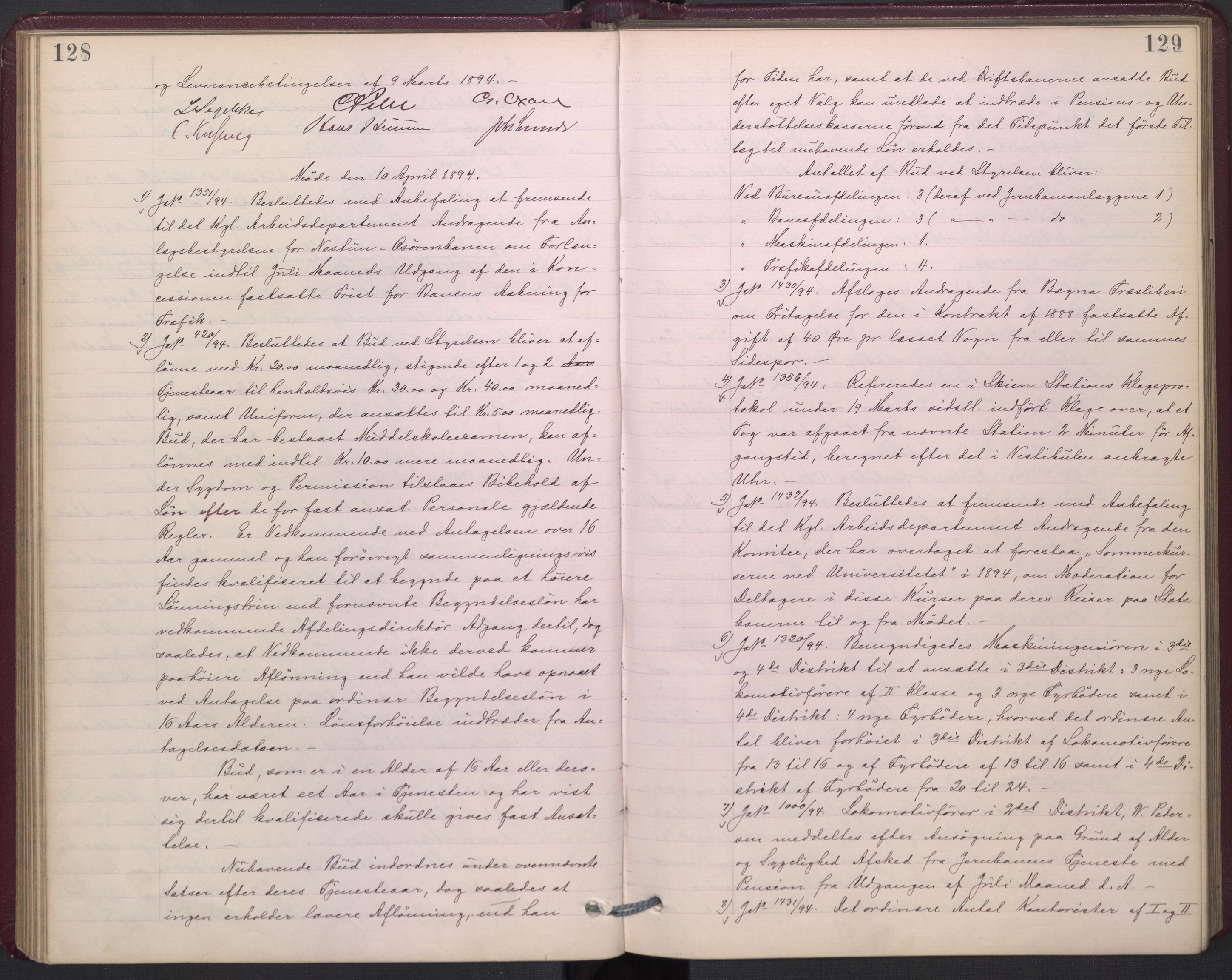 Norges statsbaner, Administrasjons- økonomi- og personalavdelingen, AV/RA-S-3412/A/Aa/L0002a: Forhandlingsprotokoll, 1893-1895, p. 128-129