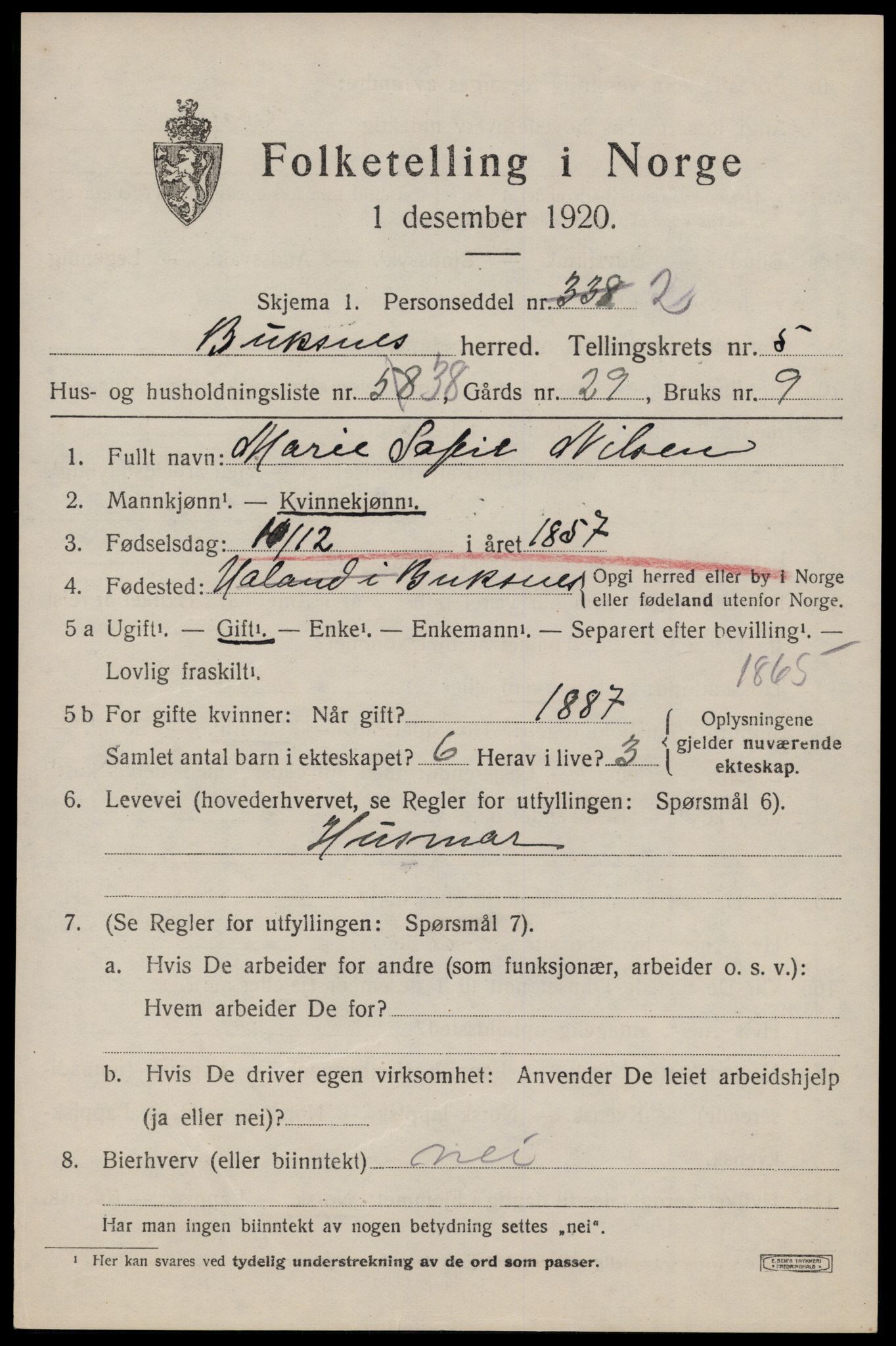 SAT, 1920 census for Buksnes, 1920, p. 5751