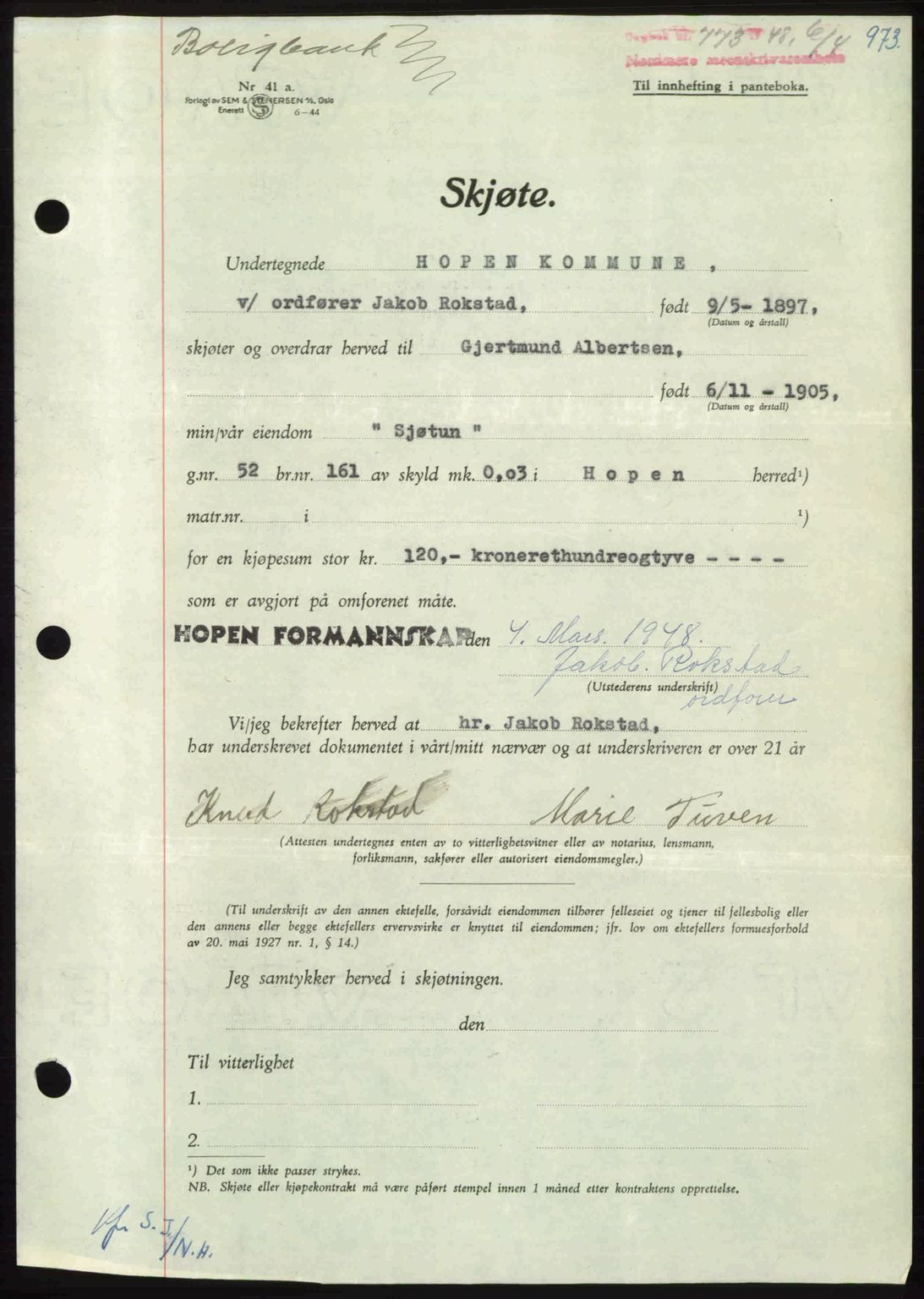 Nordmøre sorenskriveri, AV/SAT-A-4132/1/2/2Ca: Mortgage book no. A107, 1947-1948, Diary no: : 773/1948