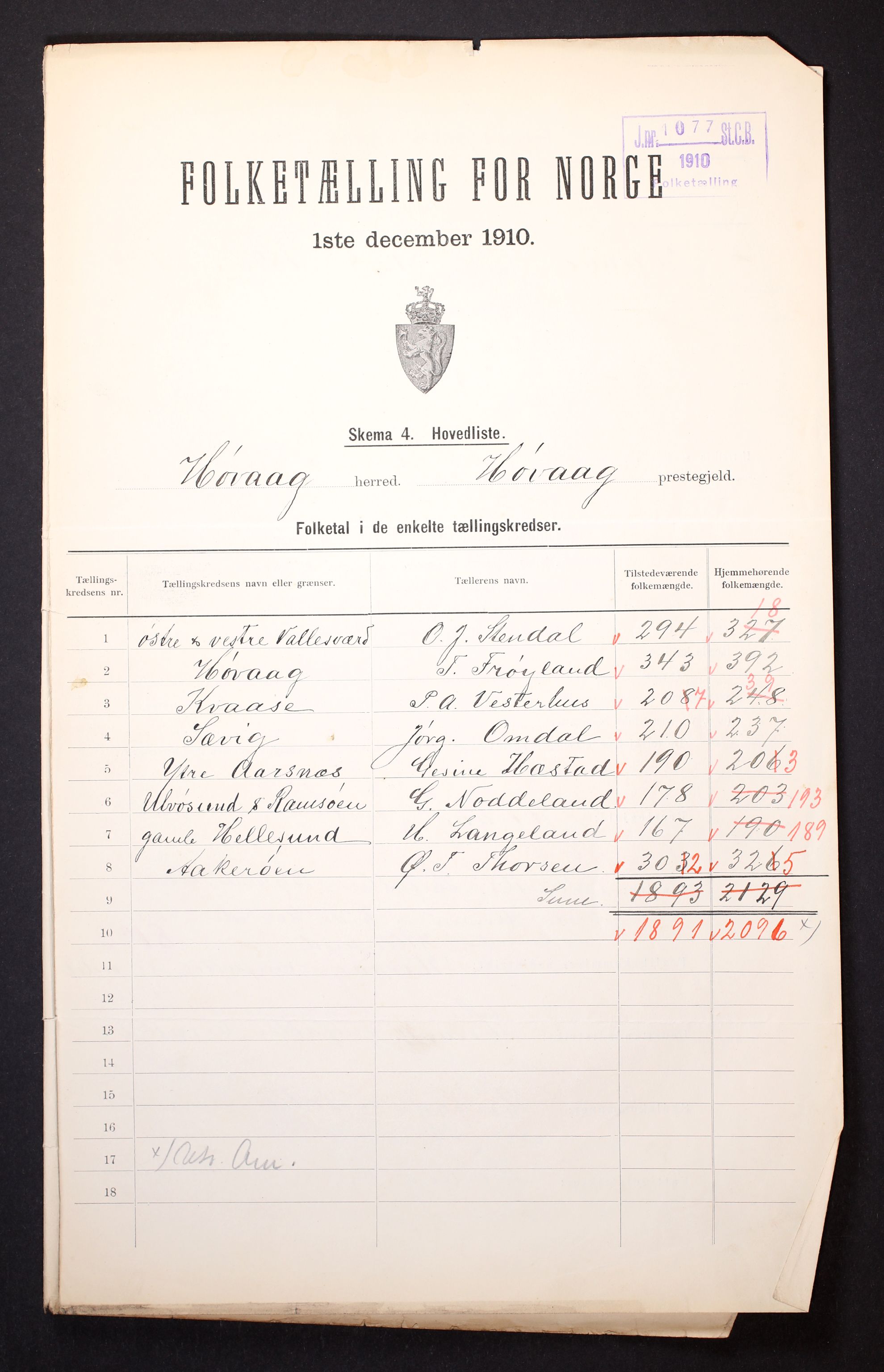 RA, 1910 census for Høvåg, 1910, p. 2