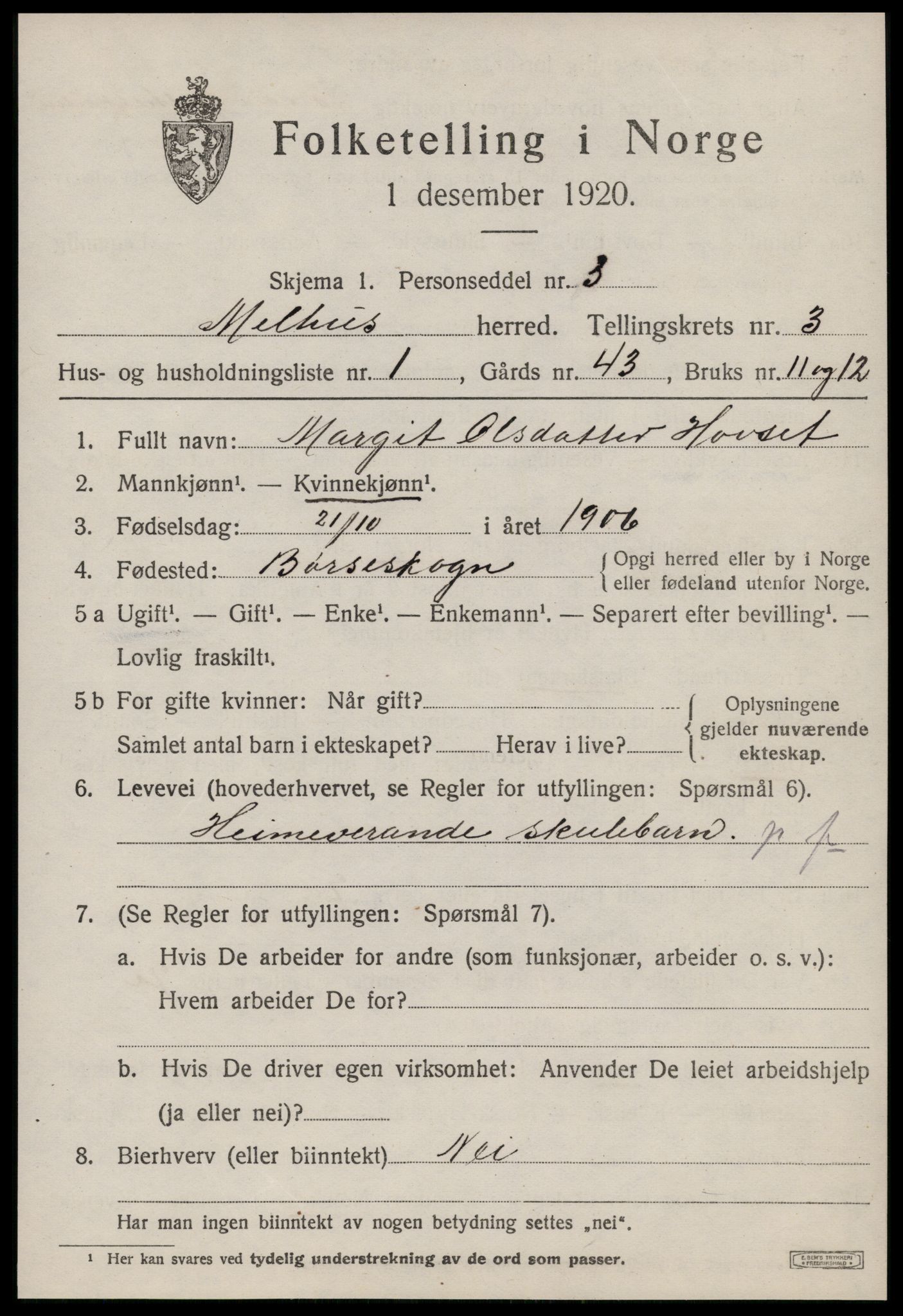 SAT, 1920 census for Melhus, 1920, p. 2597