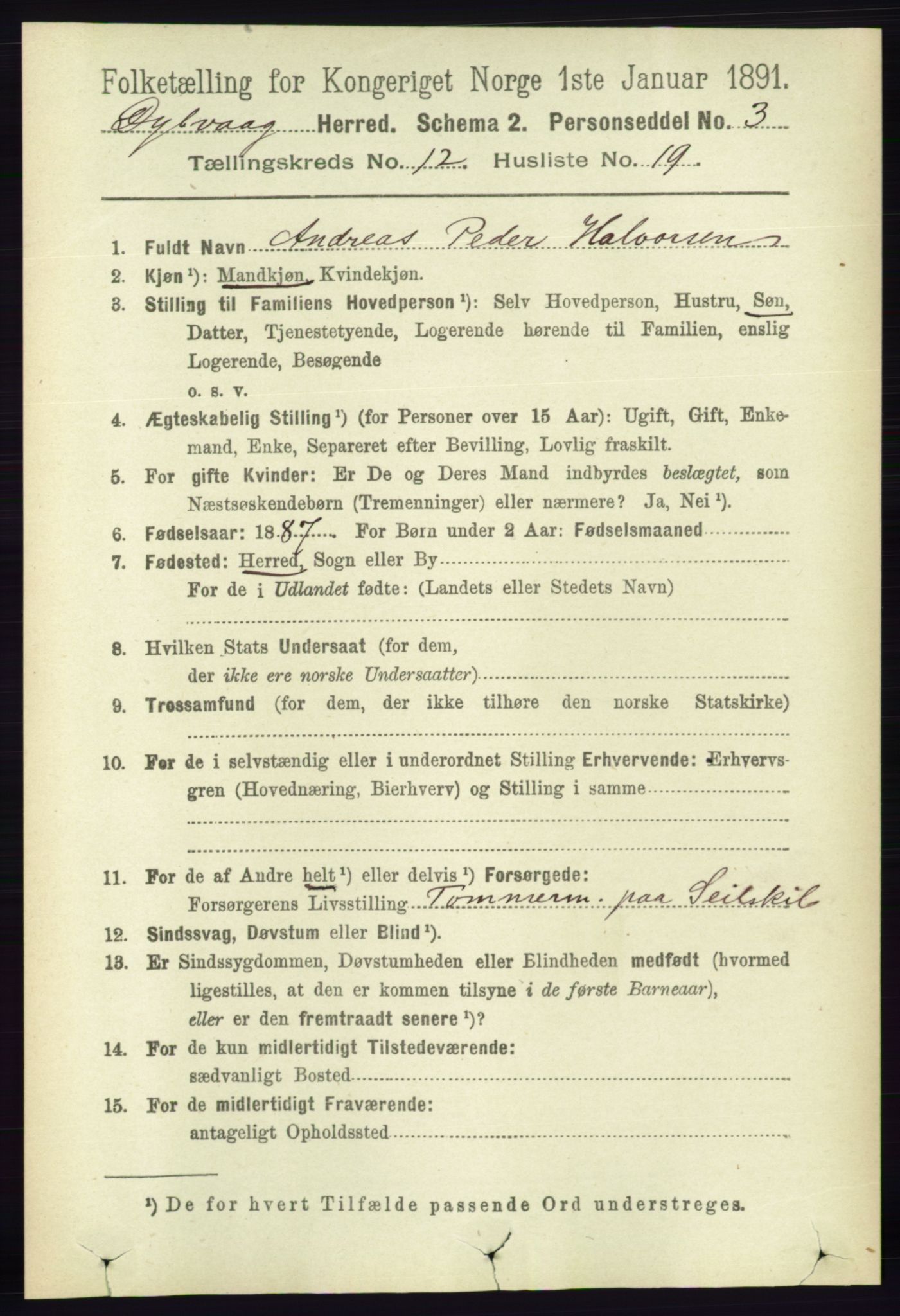 RA, 1891 census for 0915 Dypvåg, 1891, p. 4848