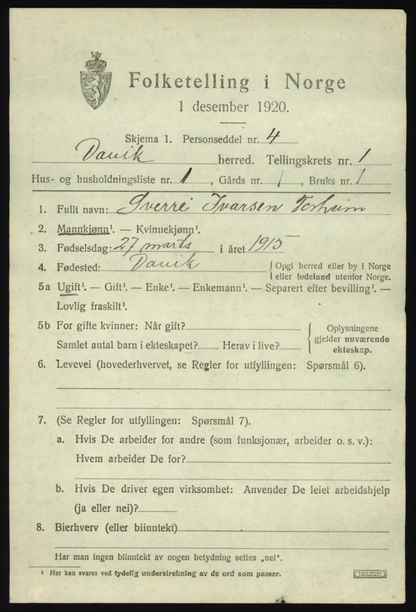 SAB, 1920 census for Davik, 1920, p. 1199